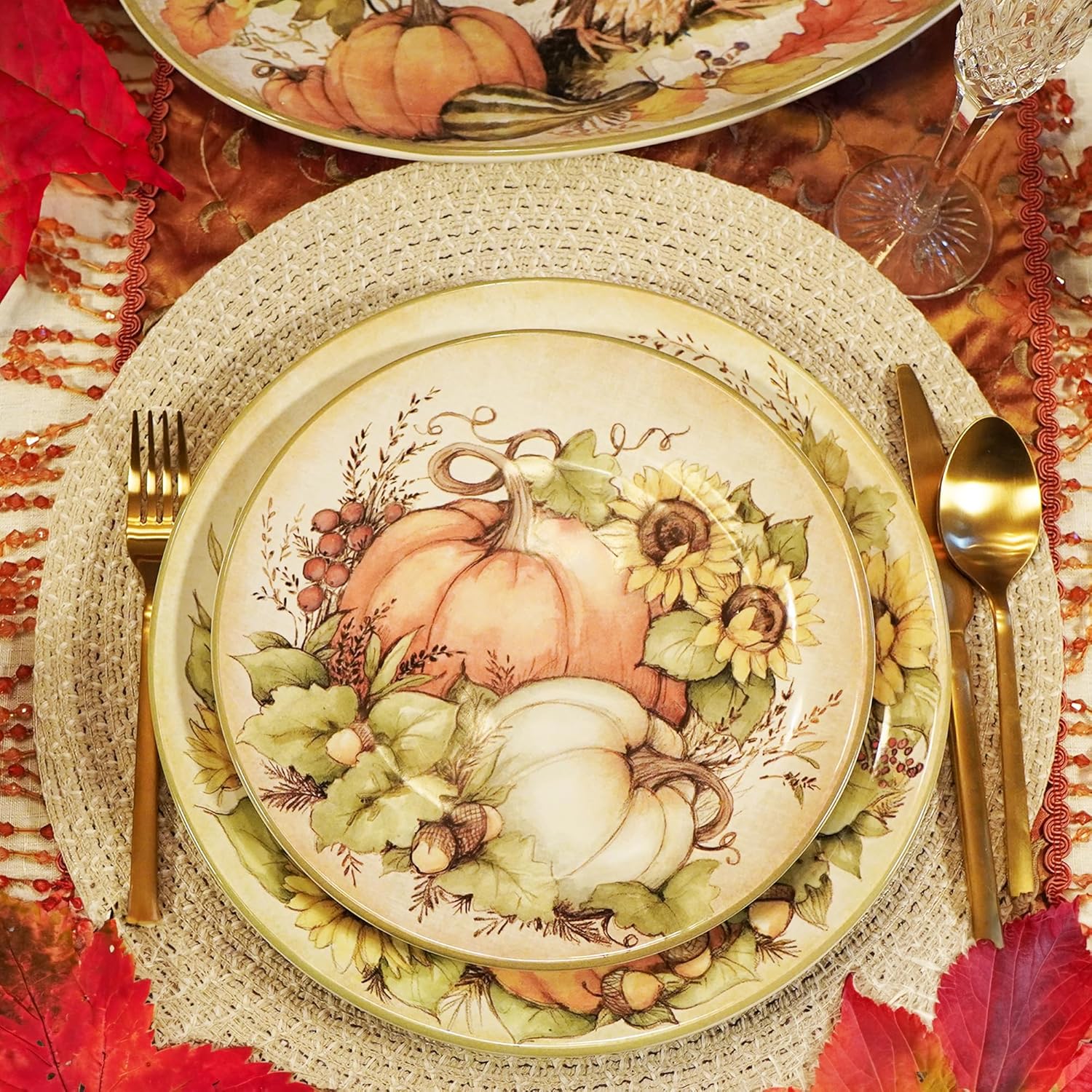 Autumn Breeze Set of 4 Earthenware Salad Plates – Perfect for salads, appetizers, or desserts, these plates feature vibrant autumn blooms and pumpkins for a warm harvest feel 9"