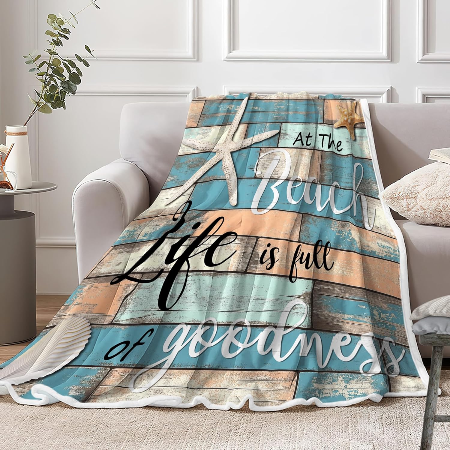 JAWO Beach Throw Blanket, Rustic Vintage Wood Ocean Quote Words Flannel Blanket for Couch Bed Sofa Chair Home Decor, Nautical Coastal Theme Blanket, Cozy Warm Soft Blankets, 50x60 Inch - Image 3