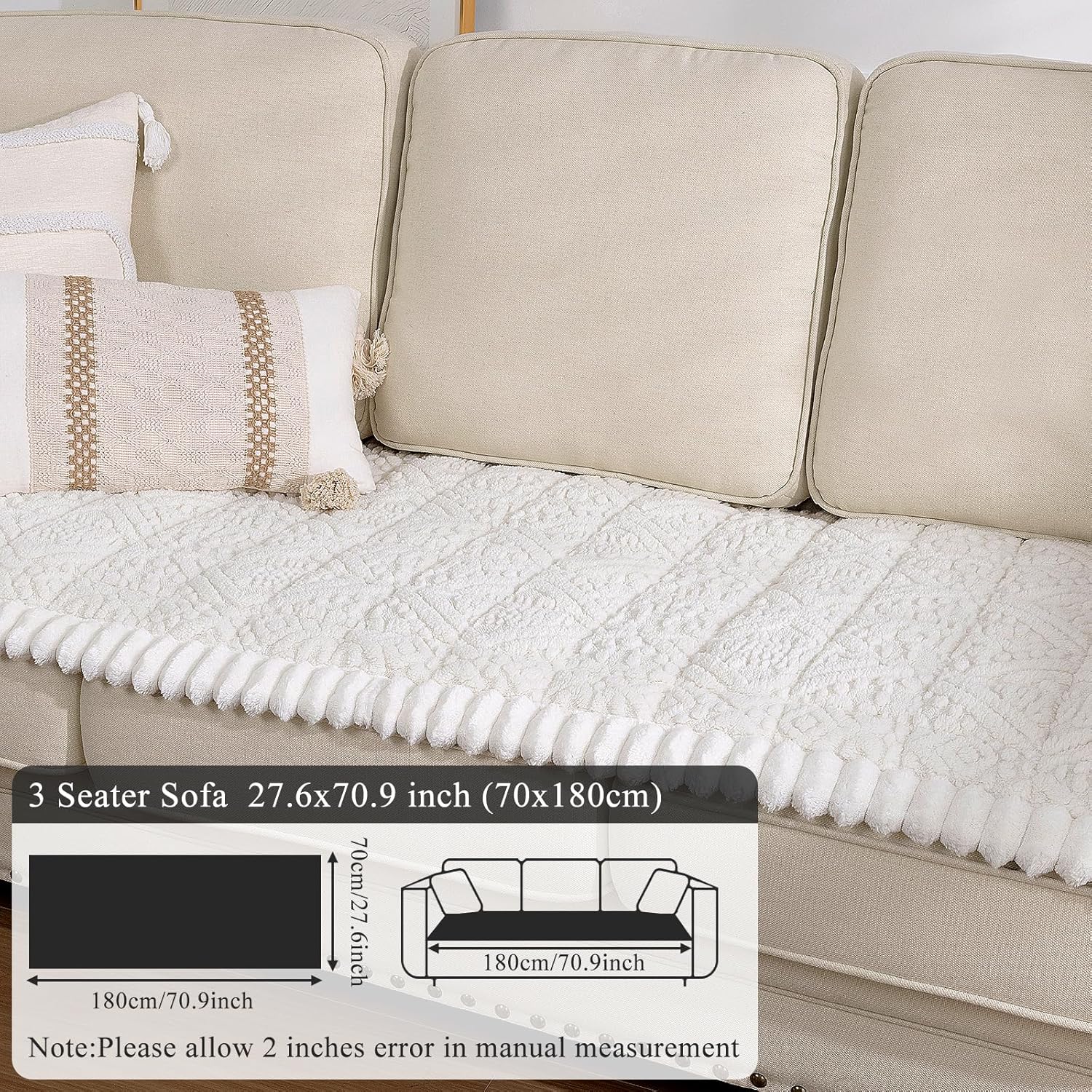 Vaukki Pet Couch Covers for Dogs, Washable Soft Dog Sofa Cover Protector, Non Slip Sofa Slipcover for 3 Cushion Couch, Fuzzy Sofa Pad Pet Friendly Dog Bed Mat for Couches (27.6''x70.9'', White)