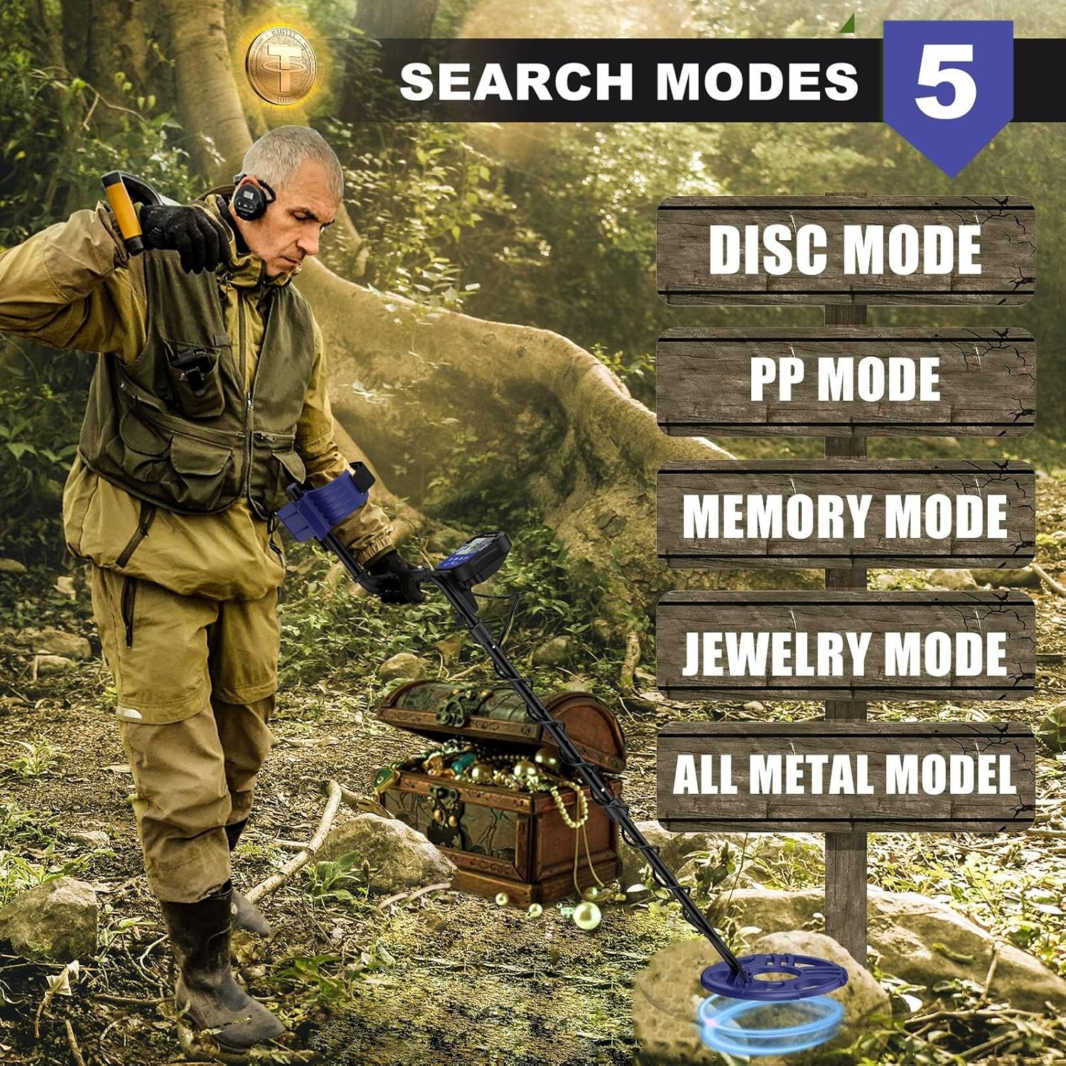 PalliPartners Metal Detector showing 5 search modes