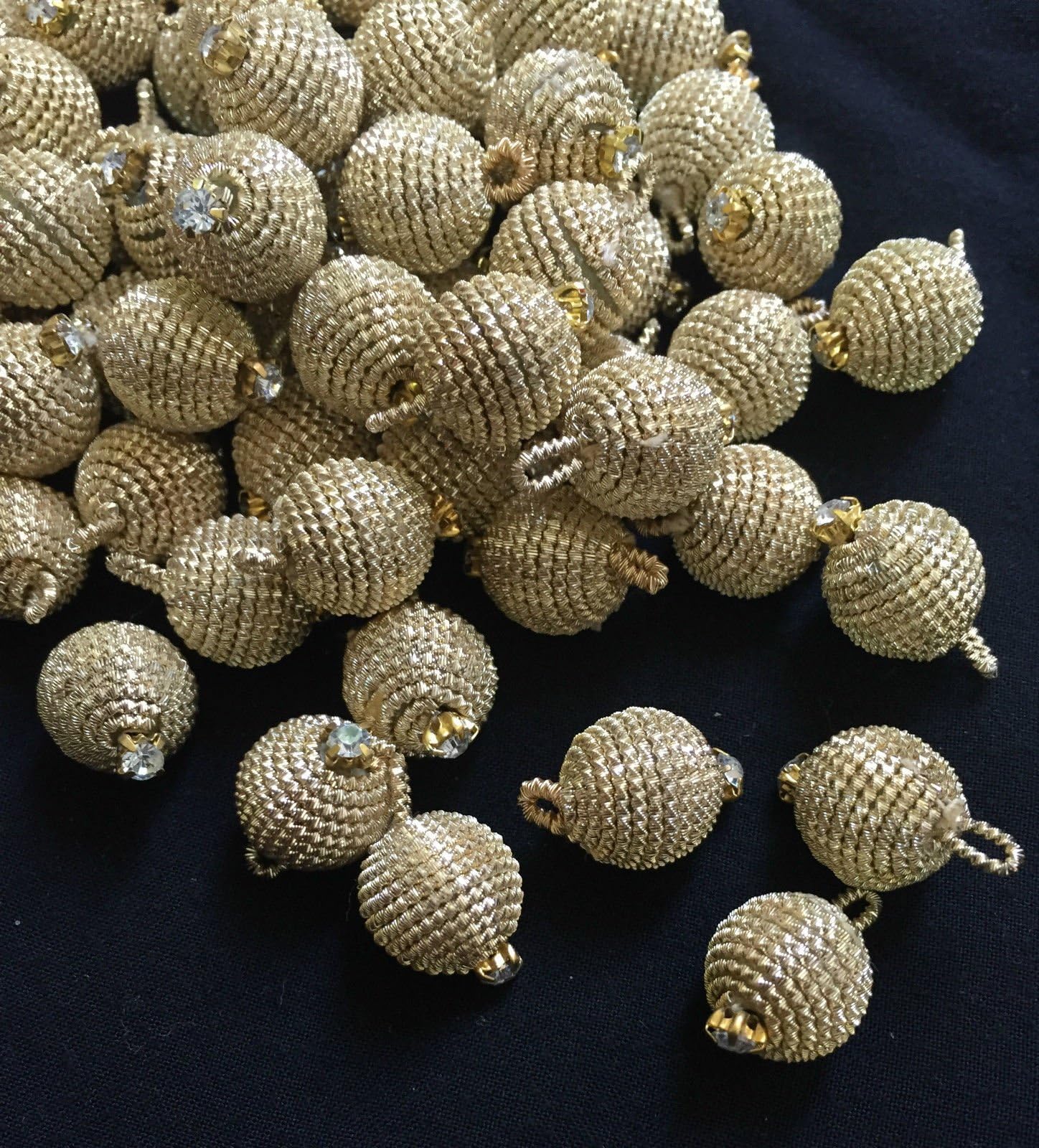 50 Gold Stunning Bullion Round Diamante Buttons, Ball Indian pom pom 15mm