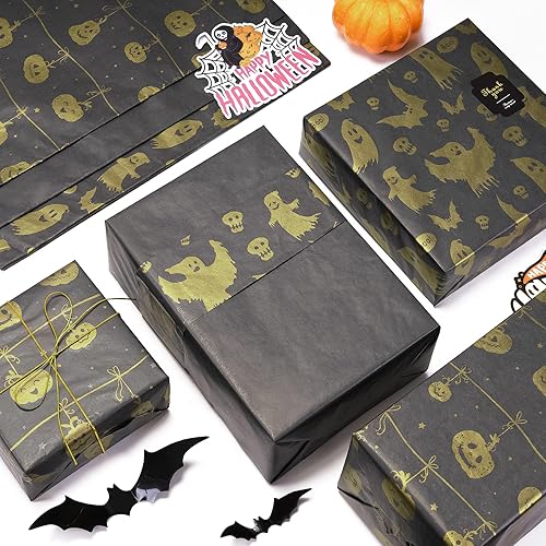 Miniatura 5 de Larcenciel Papel de seda de Halloween, 60 hojas de papel de seda metálico de calabaza fantasma para bolsas de regalo y envoltura de regalos,