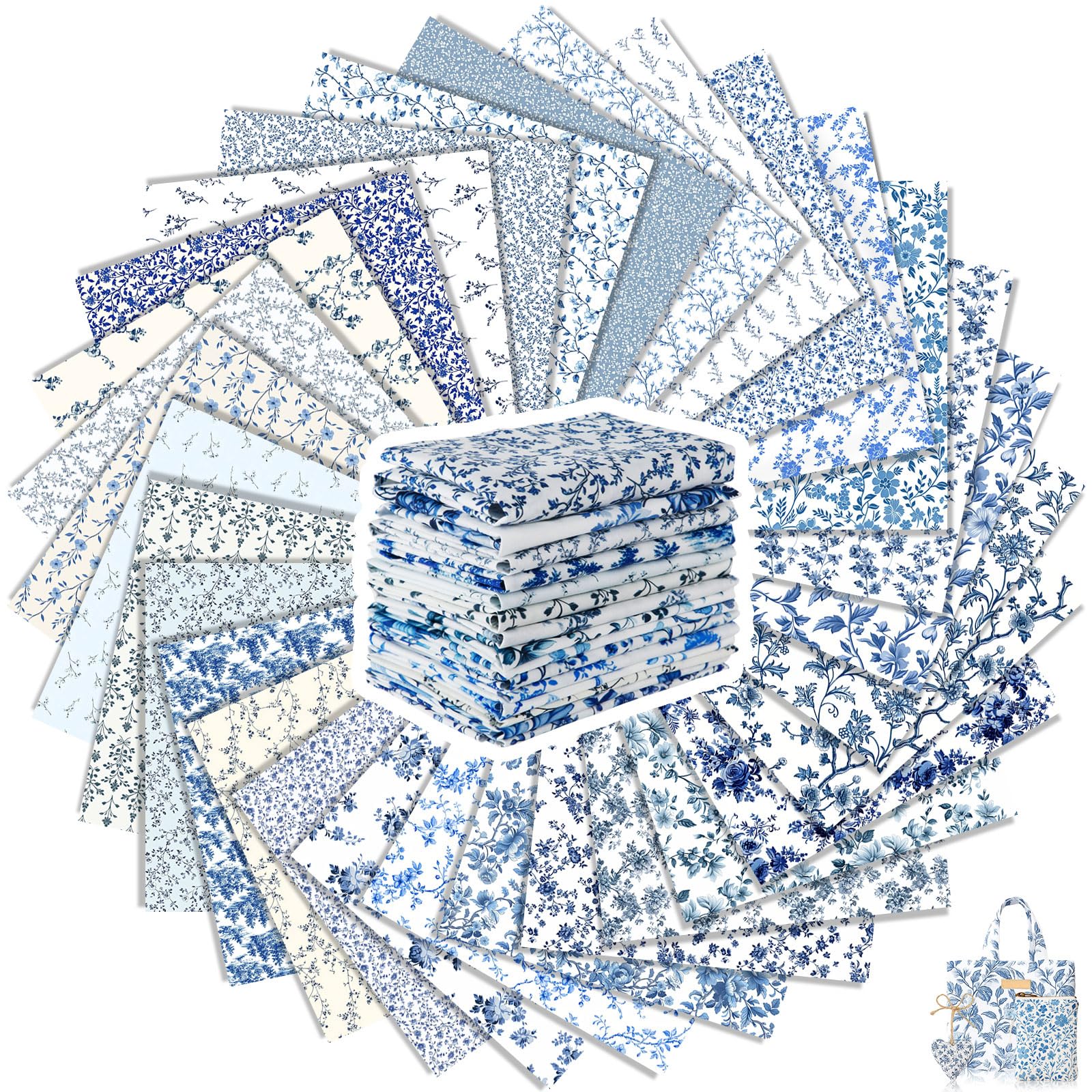 Tatuo 30 Pcs 10 x 10 Inches Blue and White Floral Cotton Fabric Quilting Bundle Squares Patchwork Floral Fabric Sewing Quilting Bundles Assorted Pattern Cloth for DIY Scrapbook Craft Making — image 1