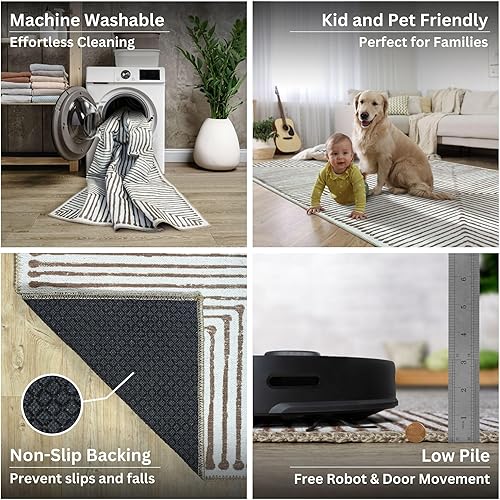 Miniatura 4 de Bloom Rugs Alfombra lavable antideslizante de 8 x 10 pies Alfombra a rayas marrones para sala de estar, dormitorio, comedor y cocina, tamaño exacto