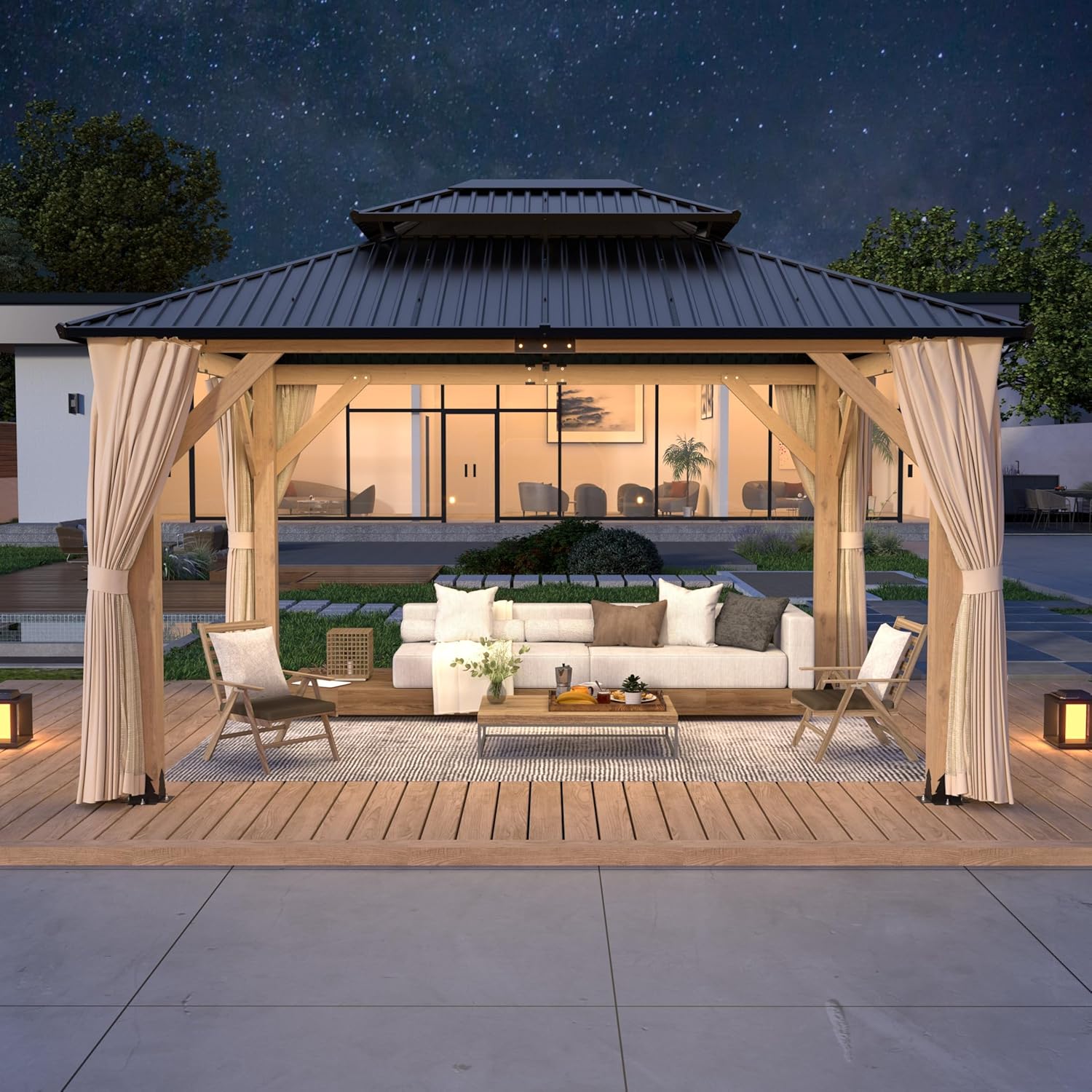 11’x13’ Outdoor Wooden Gazebo, Outdoor Patio Gazebos with Galvanized Steel Double Roof, Heavy-Duty Cedar Wood Gazebo with Curtain for Garden, Lawn, Poolside, Backyard Deck (Wood, 11x13FT)