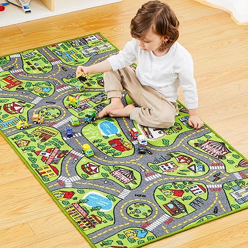 Miniatura 7 de JOYIN - Alfombras de juego para niños con juego de 12 vehículos de tracción trasera, alfombra duradera para niños, de simulación de ciudad