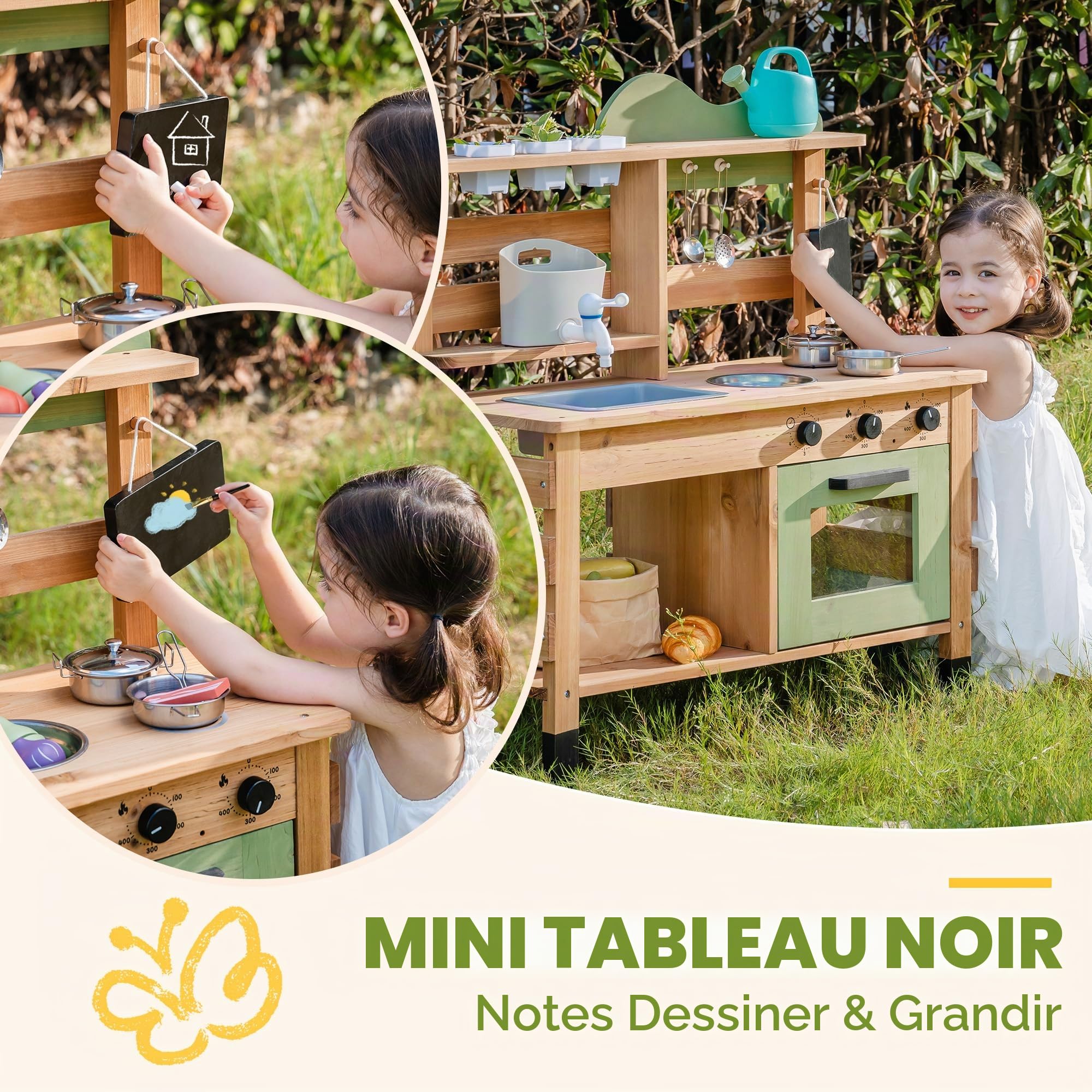 ROBUD Cuisine de boue pour enfants, cuisine de jeu en bois d'extérieur avec véritable robinet, évier amovible, bouilloire, tasse de plantation, four, tableau noir, jouet de cuisine de jardin pour