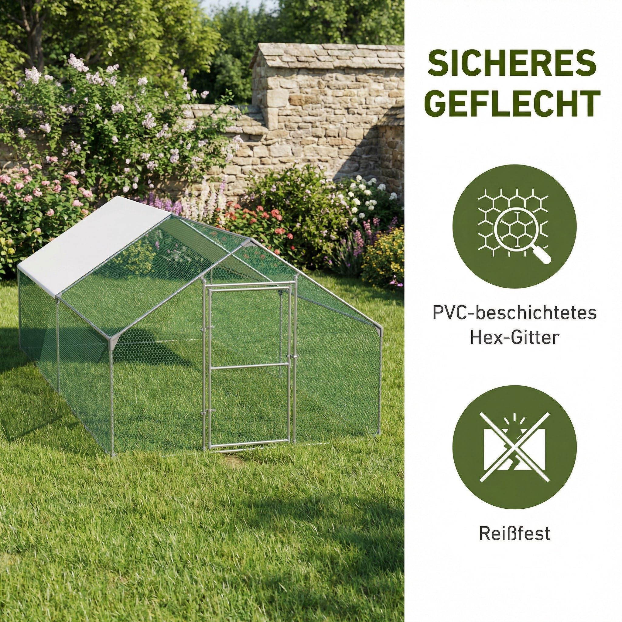 Hühnerstall Freilaufgehege 3x6x2 m mit PE-Dach, Outdoor Tiergehege für Hühner Kaninchen Kleintiere Hunde, wetterfestes Kleintiergehege
