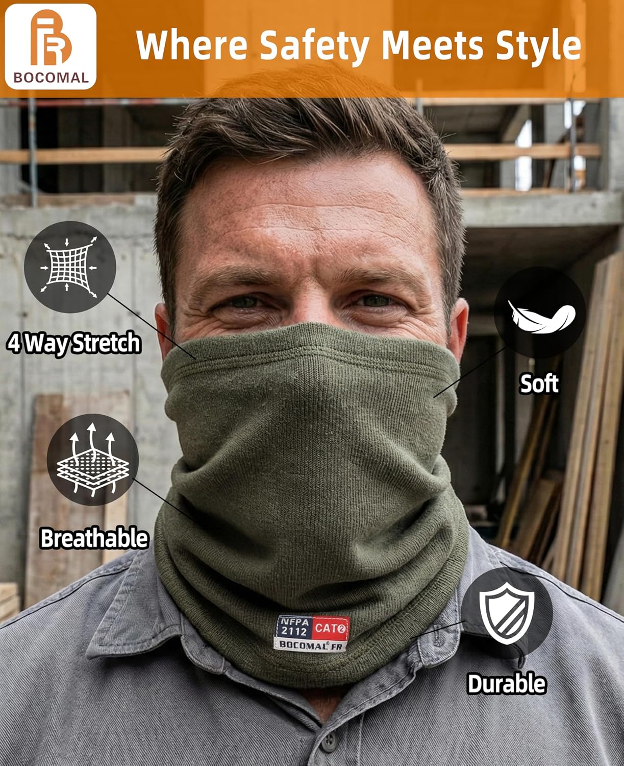 BOCOMAL FR Neck Gaiters Face Mask 7oz Mightweight Flame Resistant Welding Hood NFPA2112 CAT2