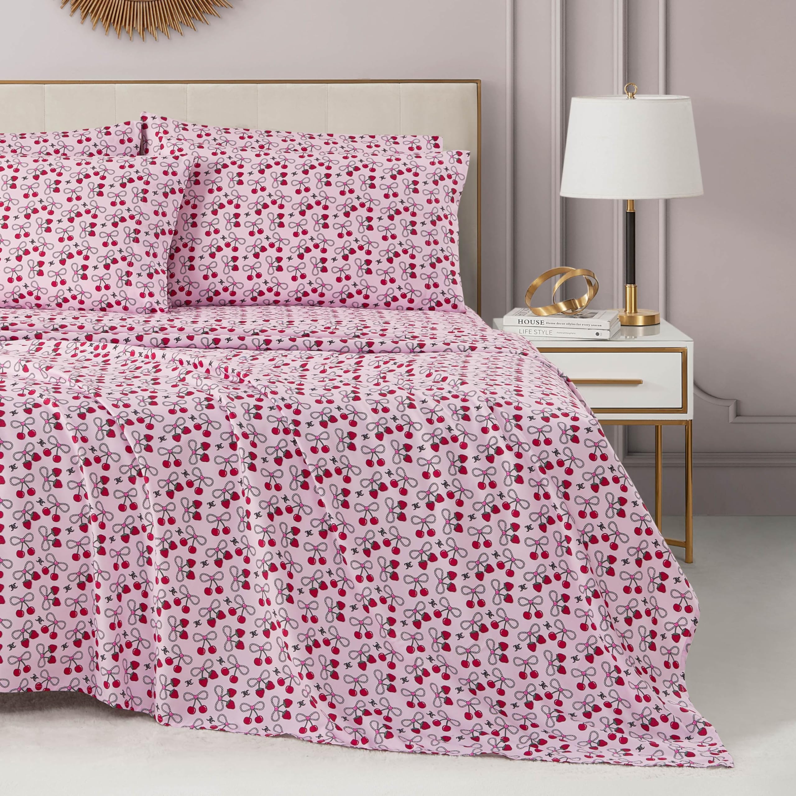 Juicy Couture Printed Microfiber 4-Piece Twin Sheet Set, Cherry Pearl Bow Pink