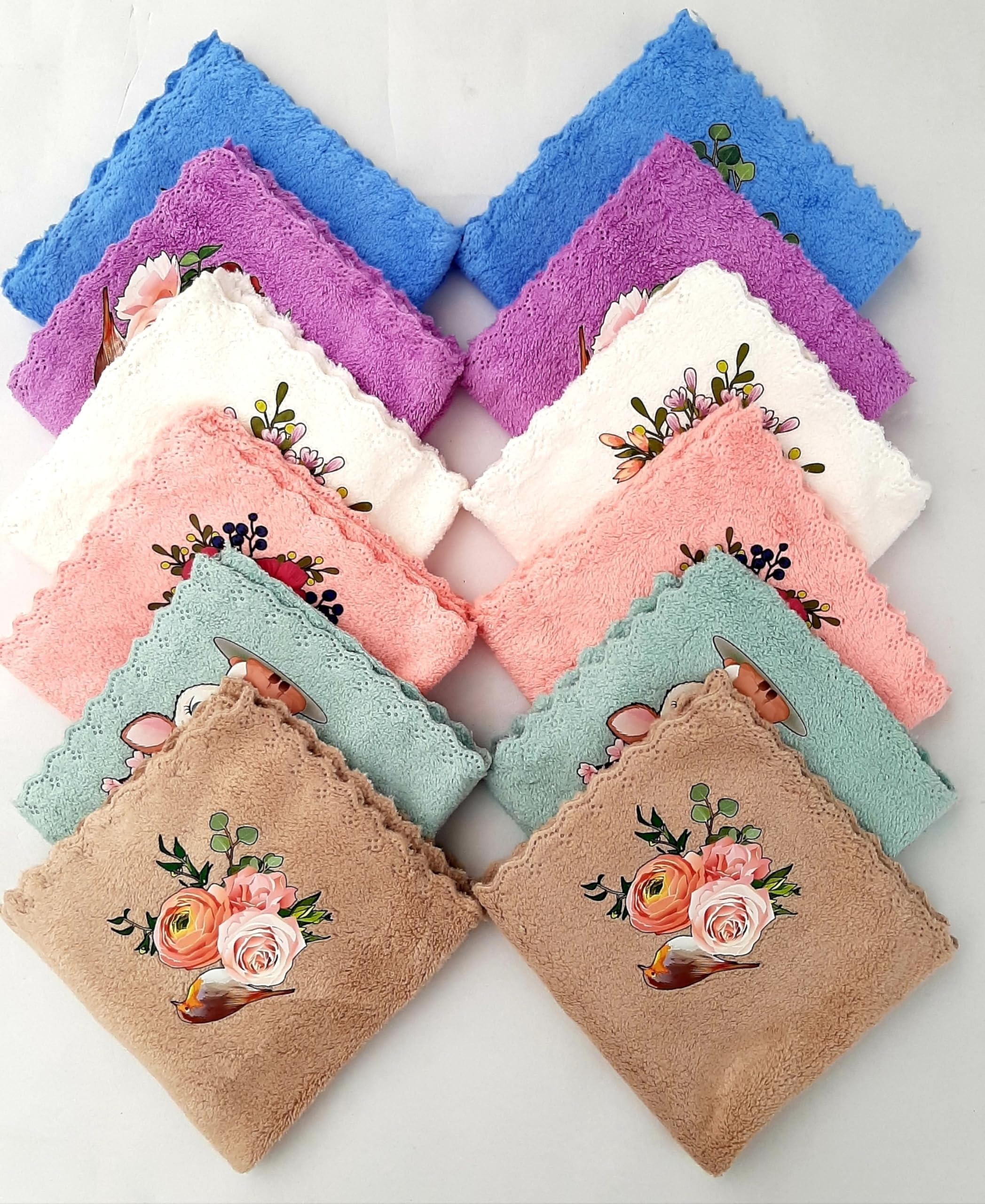Floral Printed Terry Cloth Handkerchiefs with Lace Border, Multicolour, Set of 12-image-32