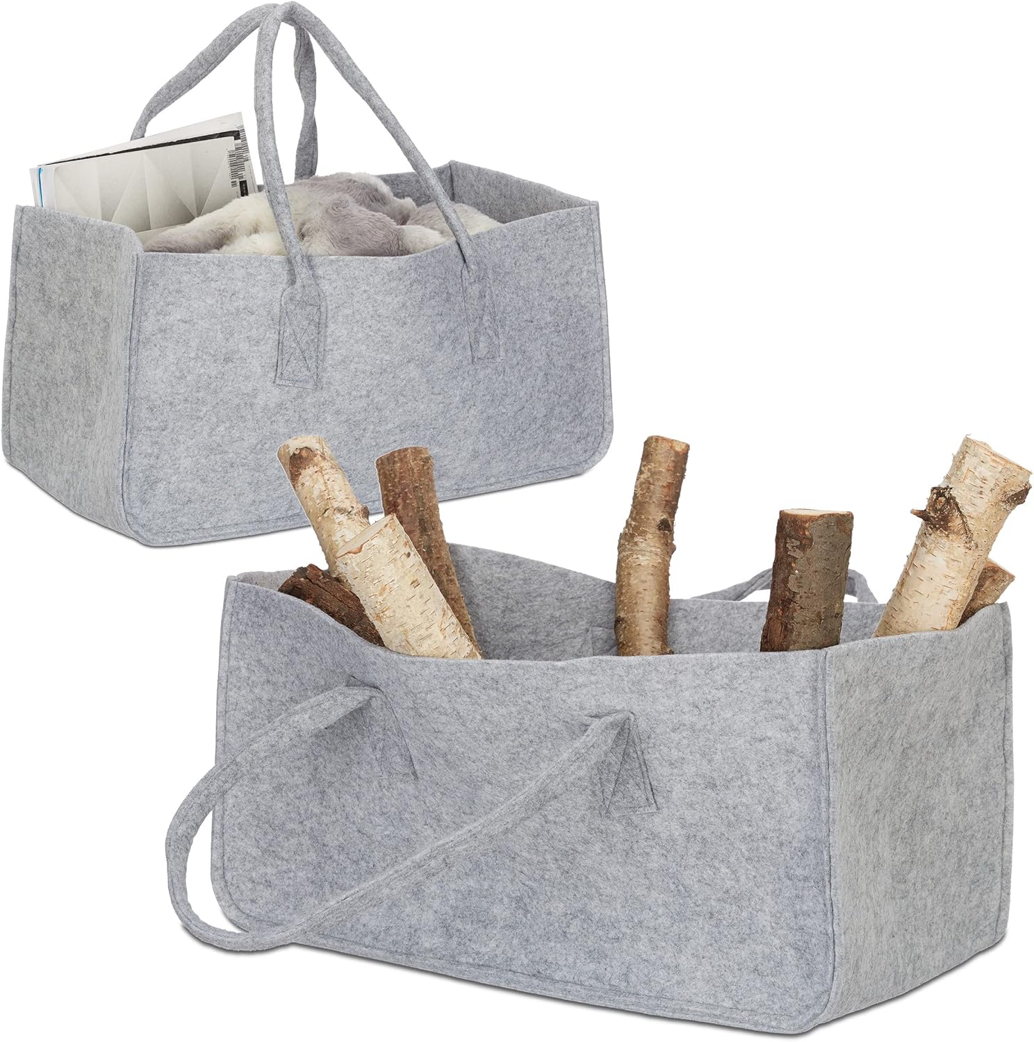 Set of 2 Relaxdays Felt Firewood Basket, Portable Magazine Holder, Wood
