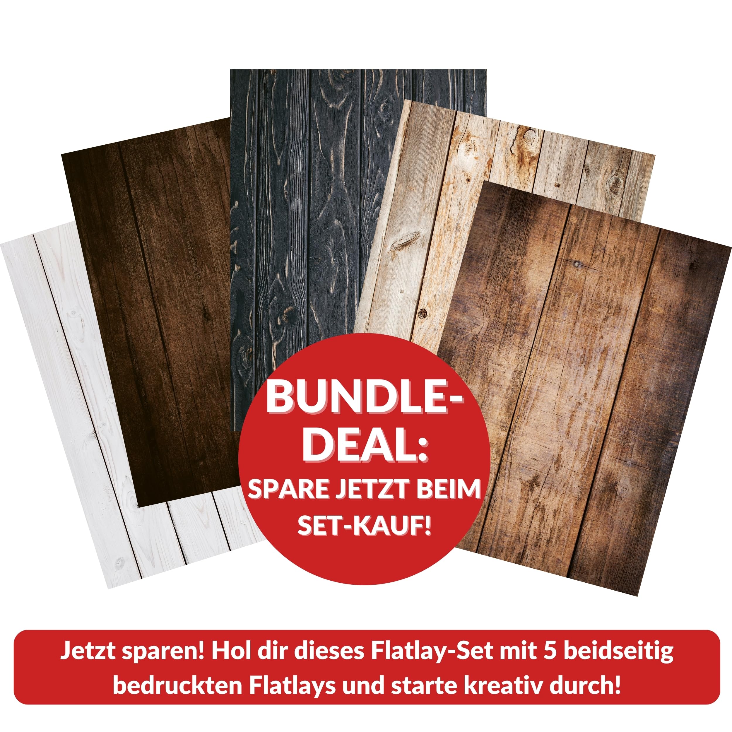 Lens-Aid Flatlay Hintergrund 5er Set Holzoptik, Fotohintergrund 84 x 60 cm | 10 Motive, beidseitig bedruckt, abwischbar, seidenmattes Finish, Made in Germany