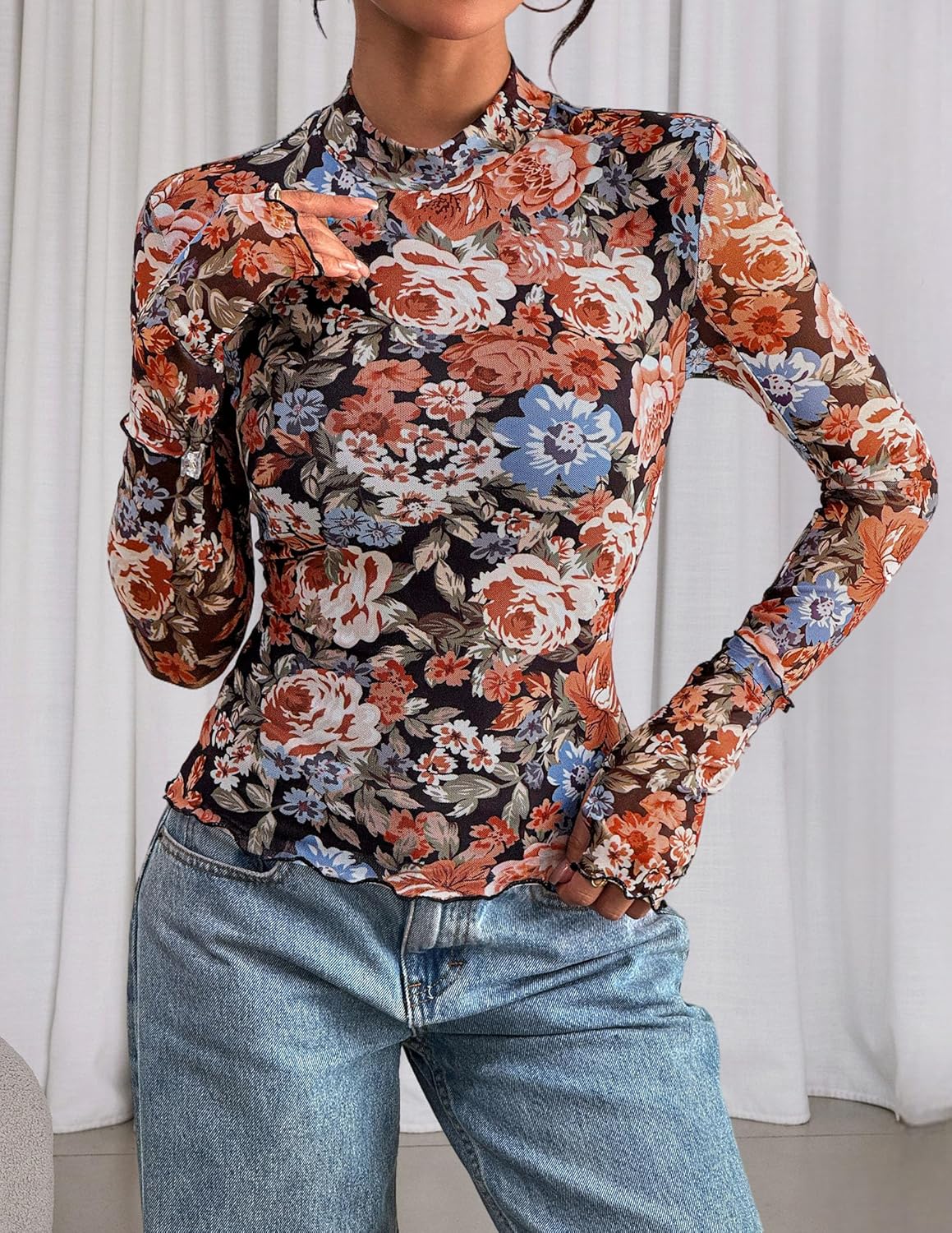 PRETTYGARDEN Women's Long Sleeve Going Out Tops 2026 Spring Y2K Clothes Mesh Floral Fitted Shirts Date Night Outfit - Image 7
