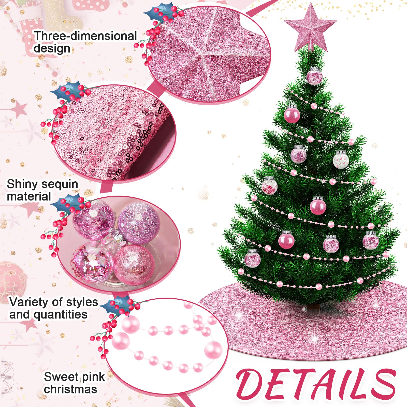 Set de 33 Pcs Décorations de Sapin de Noël Rose Jupe de Sapin de Noël Paillettes Topper d'arbre Étoile de Noël Paillettes Ornements de Boule Noël Suspendus Guirlandes de Chaînes de Perles