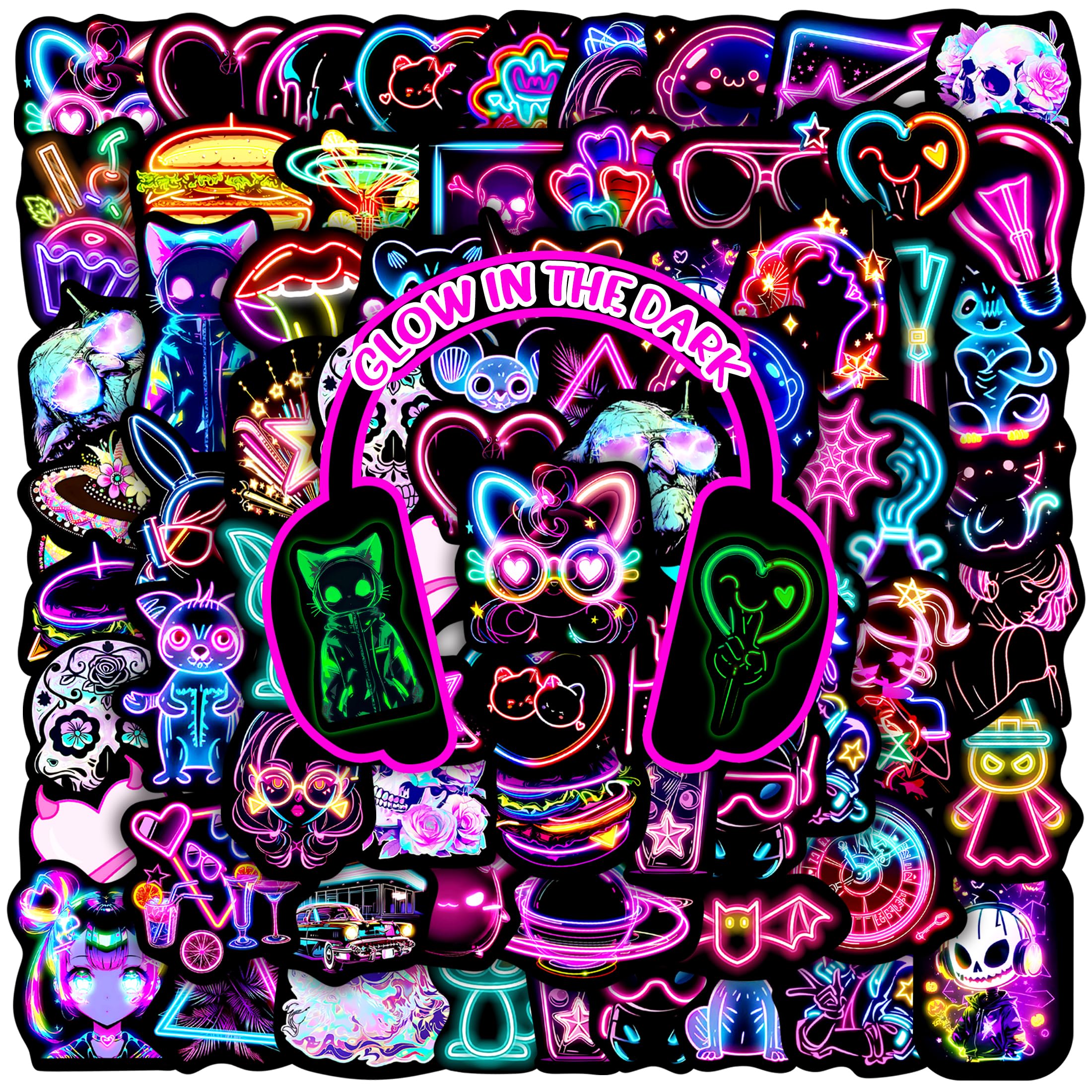 50 Pcs Aesthetically Neon Cyberpunk Water Bottle Stickers for Adults, Colorful Glow in The Dark Holographic Waterproof Vinyl Laptop Decals, Skateboard