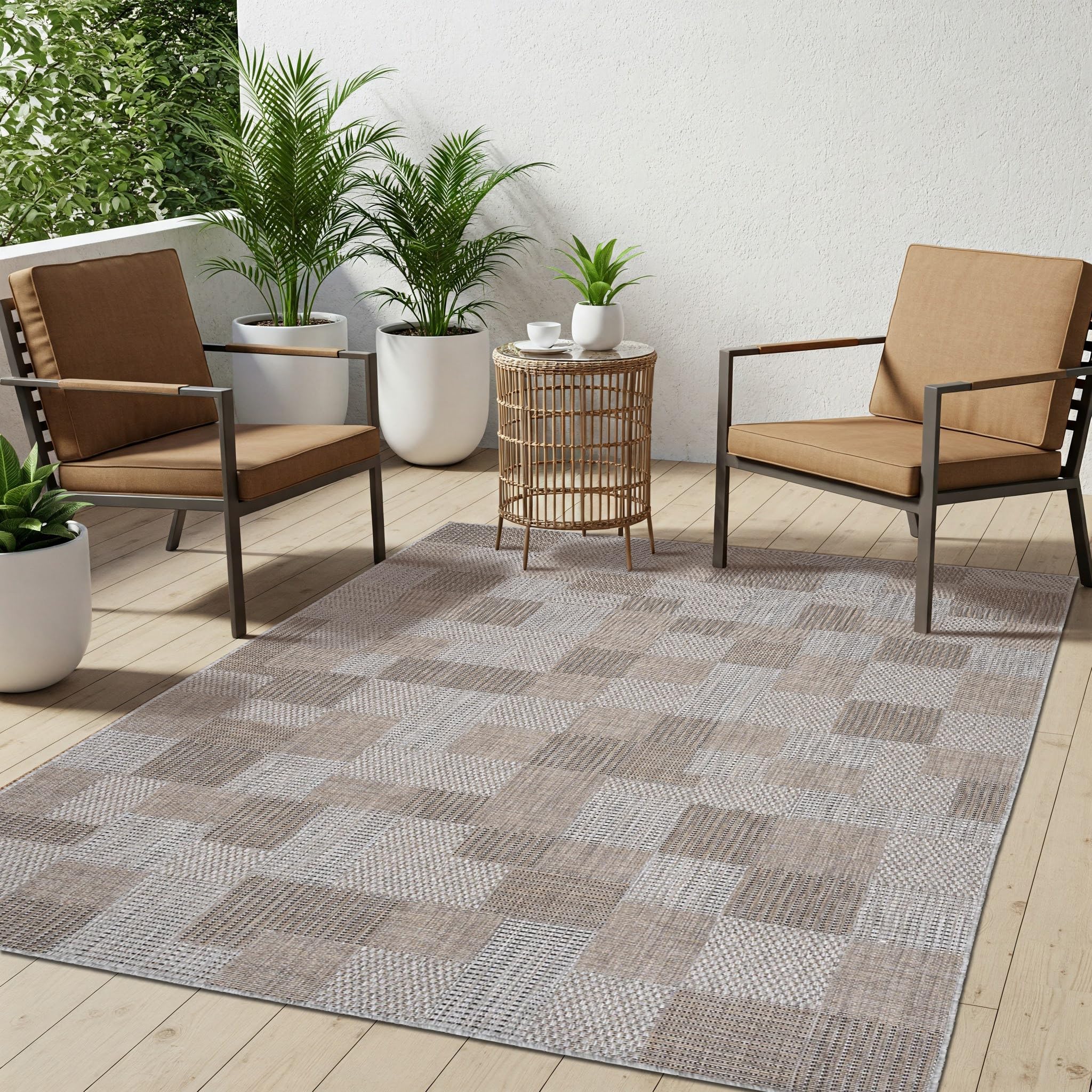TAPISO Melissa Tappeto Esterno Interno Pelo Corto Testure Piatta Moderno Geometrico Mosaico Marrone Grigio Outdoor Indoor Oeko-Tex Terrazza Balcone Salotto Cucina 200 x 290 cm