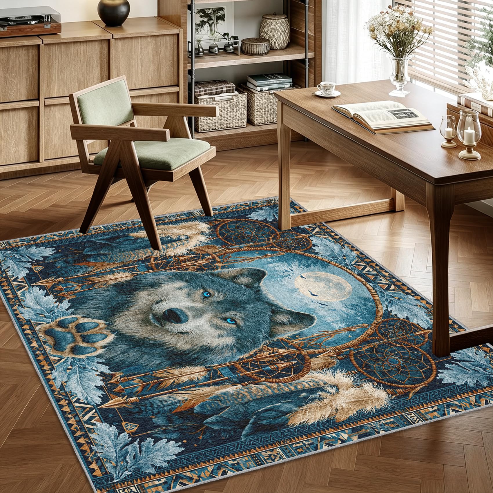 Teppich Wolf Native American Teppiche Schlafzimmer 100x150 Traumfänger | für Schlafzimmer Bettvorleger, Weicher Waschbarer & Kurzflor Rutschfester