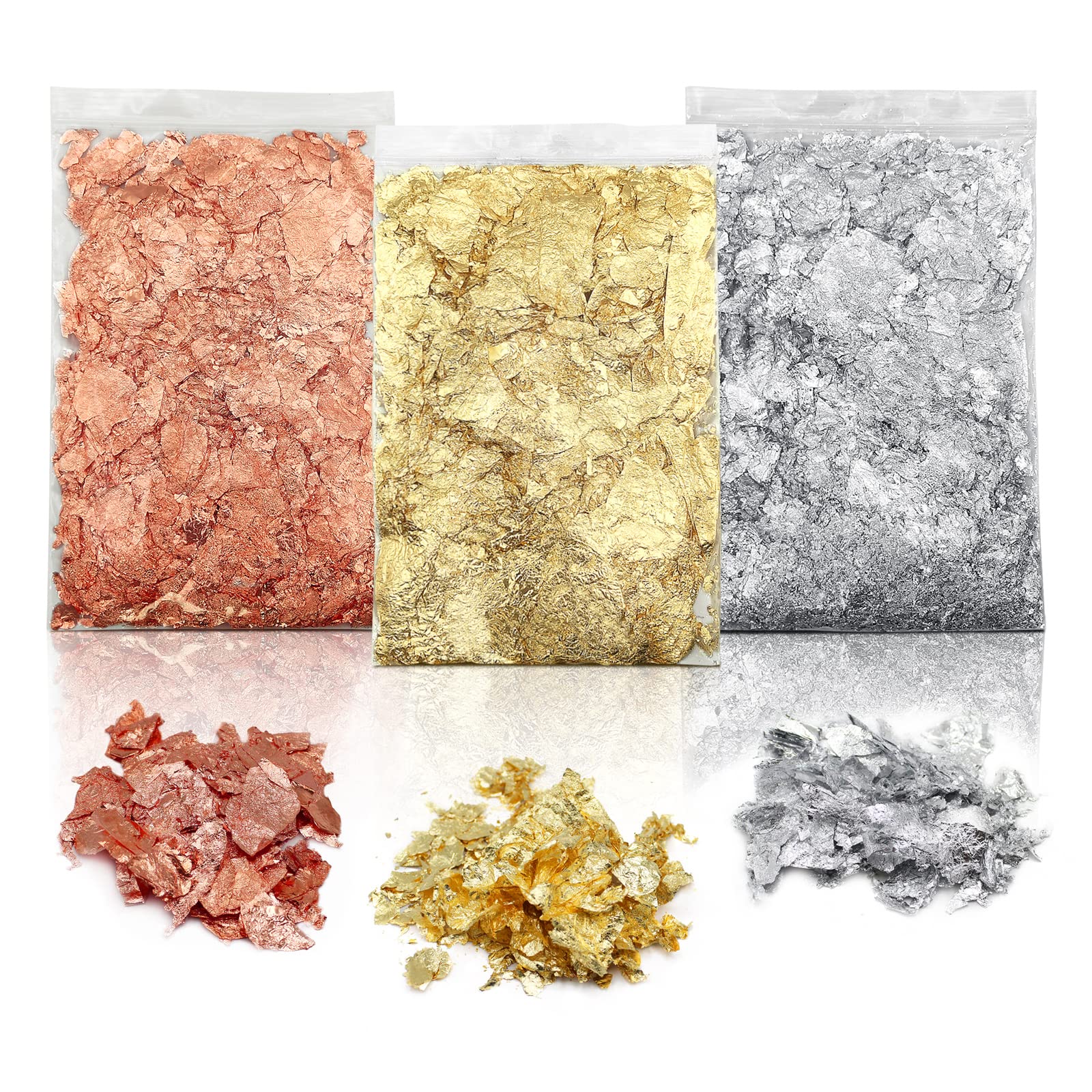 Gilding Flakes - 3 Bags of Gold, Silver & Copper Leaf Flakes for Nail Art, Painting, & Resin Jewelry Making, 100% Metallic Gold Foil Flakes, Wide Use for Crafts Projects