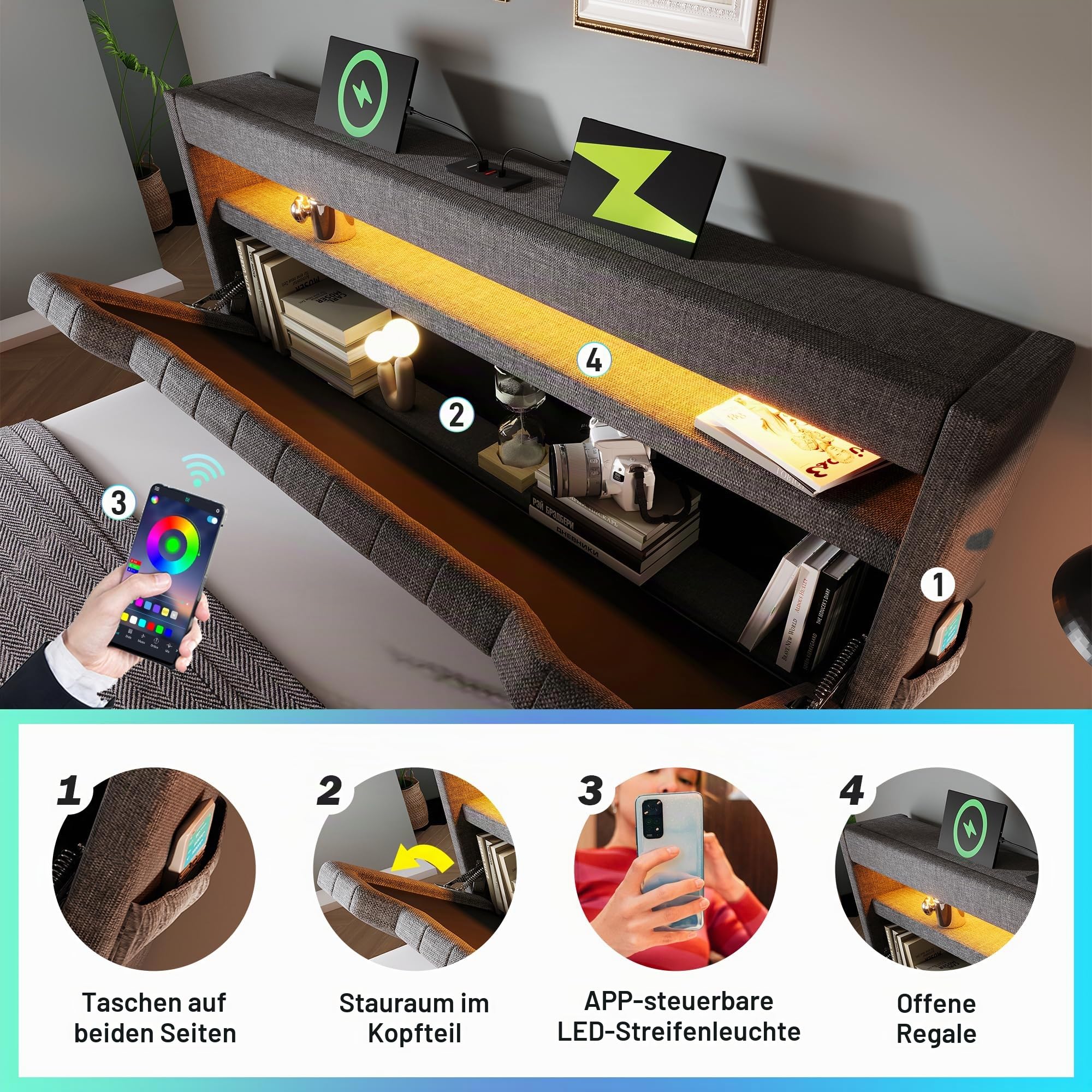 Polsterbett 160x200 cm, Stauraum-Kopfteil mit USB- und Typ-C Ladefunktion, Doppelbett mit Hydraulischem Stauraum, Bettgeltell mit LED und Lattenrost, Leinen, Grau, ohne Matratze