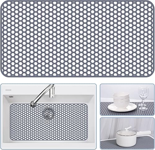 Miniatura 235 de Paquete de 2 tapetes de silicona para fregadero de 13.58 x 11.6 pulgadas, protectores para fregadero de cocina con drenaje central, rejilla Gris