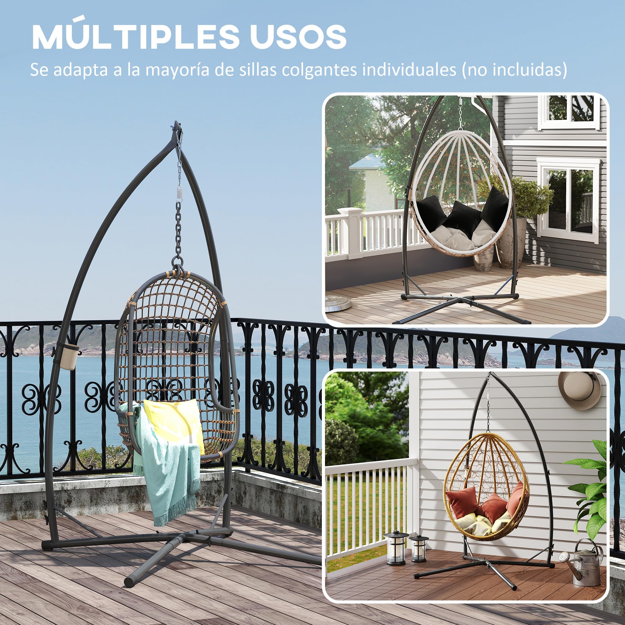 Outsunny Soporte para Silla Colgante de Huevos Altura 215 cm con Estructura de Acero Base Estable y Portavaso Soporte para Silla Columpio para Patio Jardín Balcón Carga 150 kg Negro