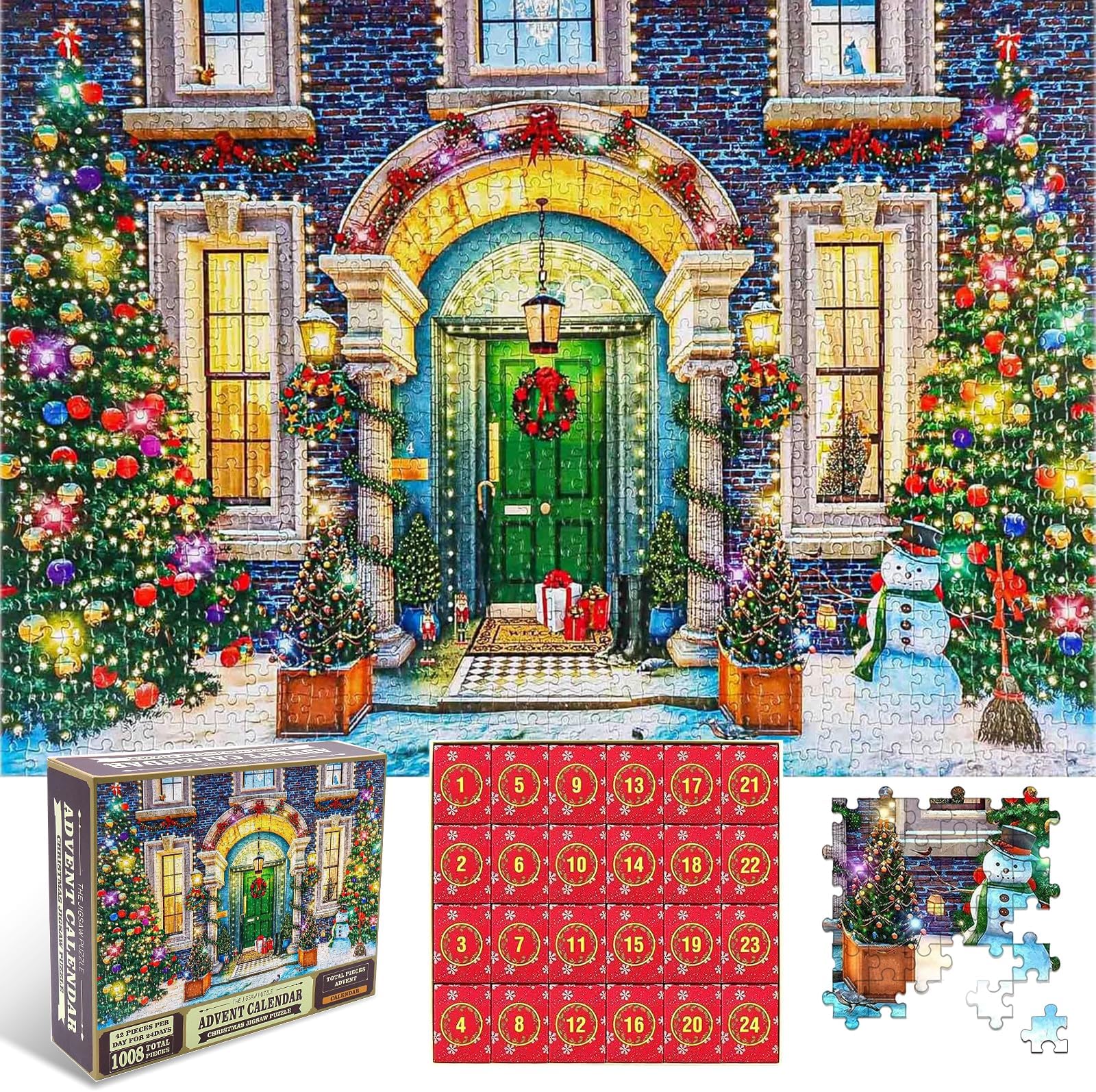 Advent Calendar 2024 Christmas Jigsaw Puzzle - Christmas Facade,24 Parts 1008 Piece Advent Calendar Puzzle,Great Christmas Countdown for Adults and Kids,Exquisite Christmas Home Decorations