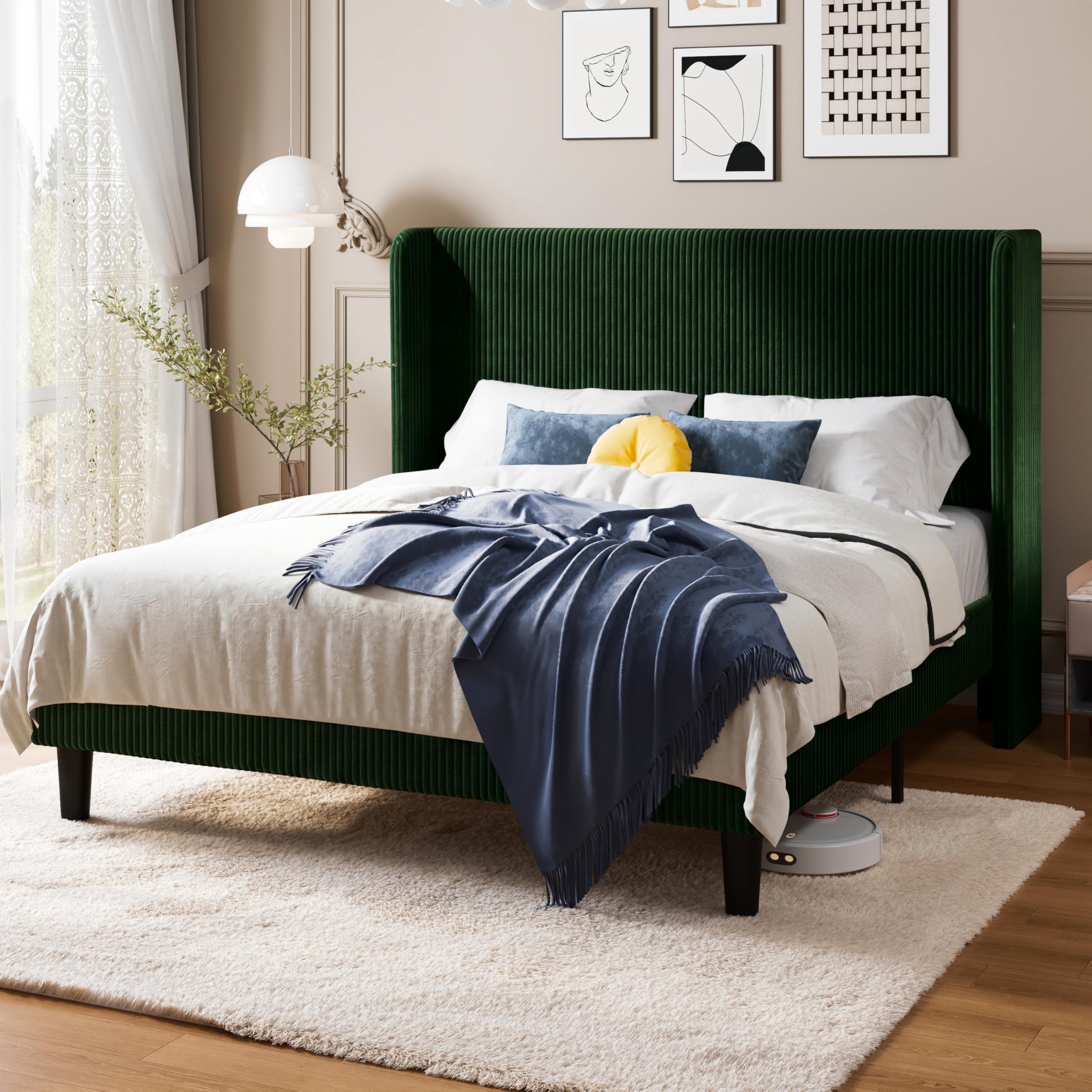 Queen Size Bed Frame with Upholstered Wingback Headboard, Vertical Channel Tufted Corduroy Velvet Platform Bed, Strong Wooden Slats Support, No Box Spring Needed, Easy Assembly, Dark Green