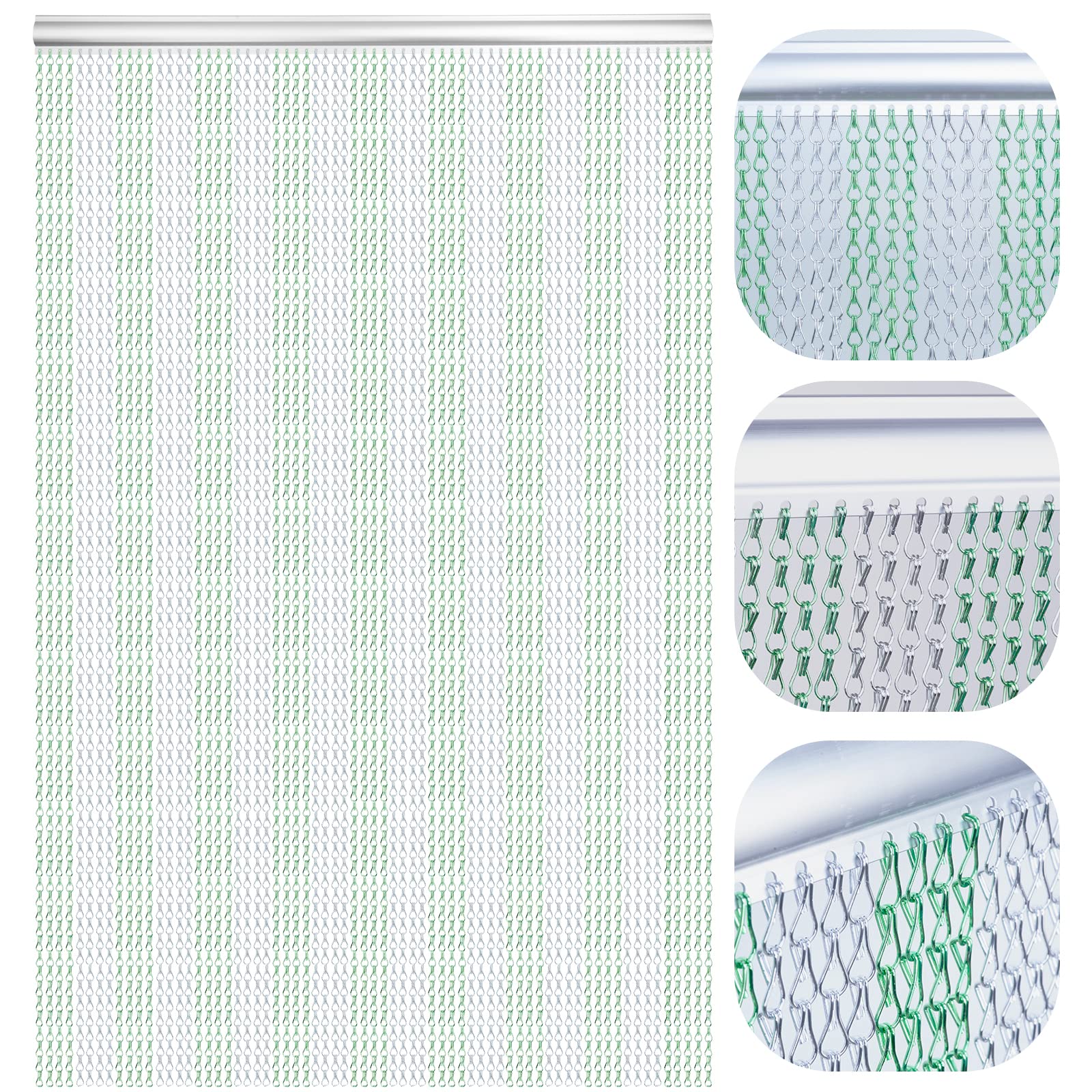 LYMMIYTC Chain Fly Screens 100 x 210cm Aluminium Chain Curtain for Doorways Decoration, Metal Fly Screens Insect Blinds Pest Control (Green & Silver)