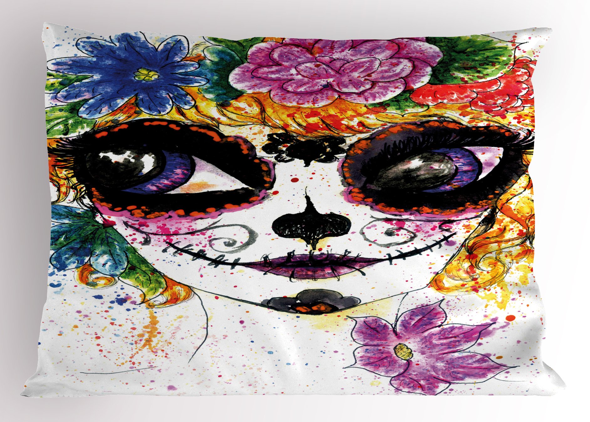 Ambesonne Sugar Skull Pillow Sham, Cultural Celebration Mexican Traditional Make Girl Face in Watercolors Art, Decorative Standard King Size Printed Pillowcase, 36