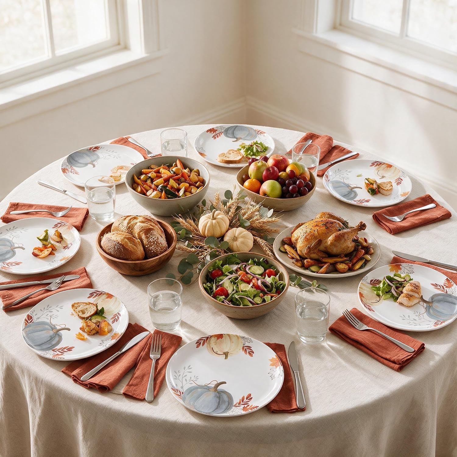 Melamine Dinner Plates, Set of 12, 10.5 Inch Fall Plates, Pumpkin Design