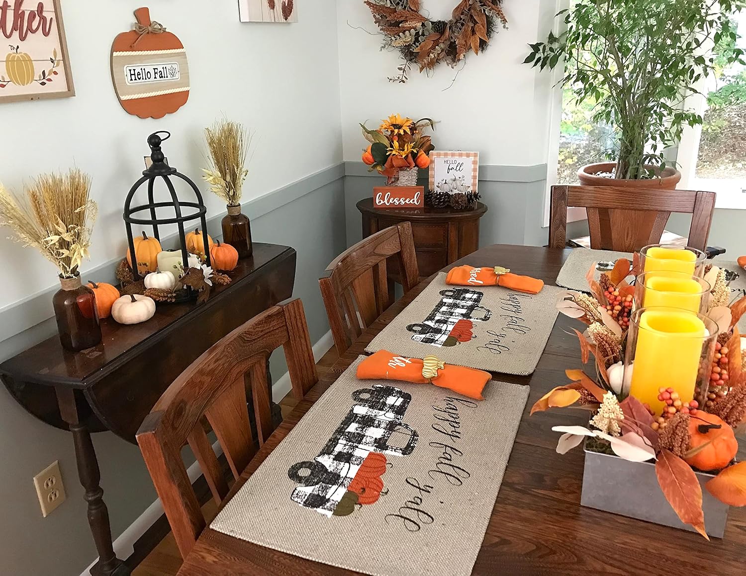 Farmhouse Black White Check Truck Placemats, Happy Fall Y'all Greeting Set of Six (6) Distressed Print on Faux Burlap Fabric, for Holiday's, Thanksgiving, Autumn and Fall