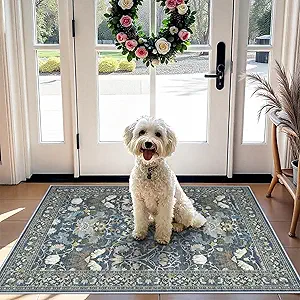 Washable 2x4 Entryway Area Rugs: Anti-Slip Thin Kitchen Carpet Indoor Light-Weight Doormat Ultra Soft Low Pile Nursery Room Rug Vintage Small Floor Mat for Hardwood Bedroom (2x4,Floral/Blue)