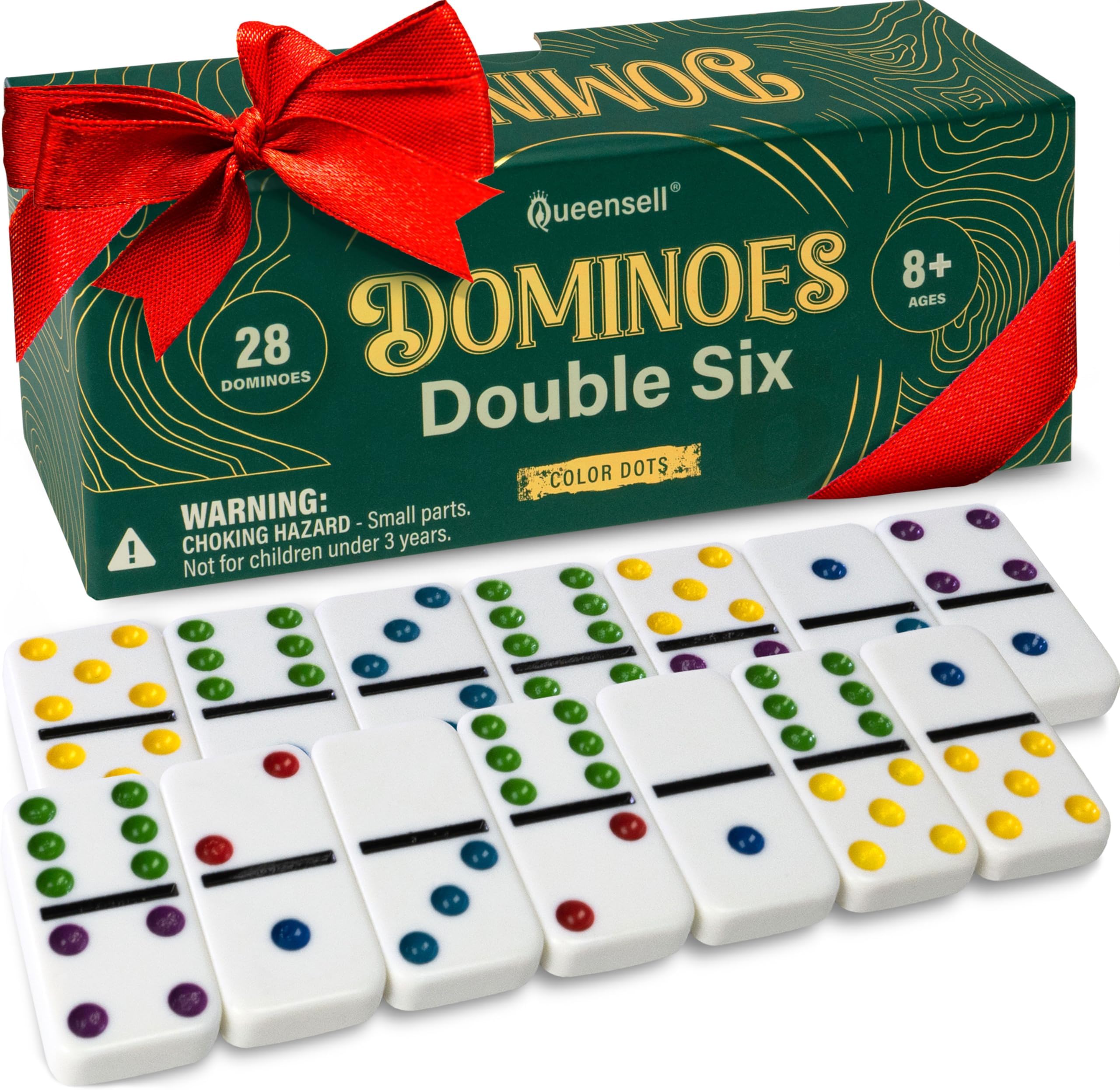 Dominos Set for Adults and Kids with Colored Dots – Double 6 Dominoes Set – Classic Board Game for Kids and Adults – Double Six Standard Dominos Set with 28 Tiles