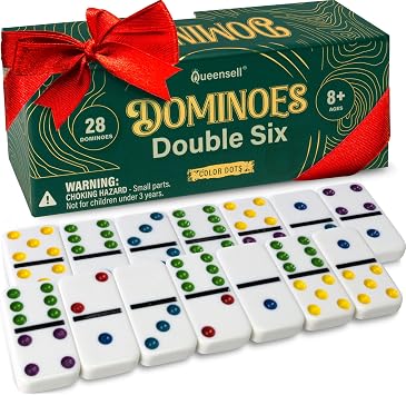 Queensell Dominos Set for Adults and Kids with Colored Dots Double 6 Dominoes Set Classic Board Game for Kids and Adults Double Six Standard Dominos Set with 28 Tiles