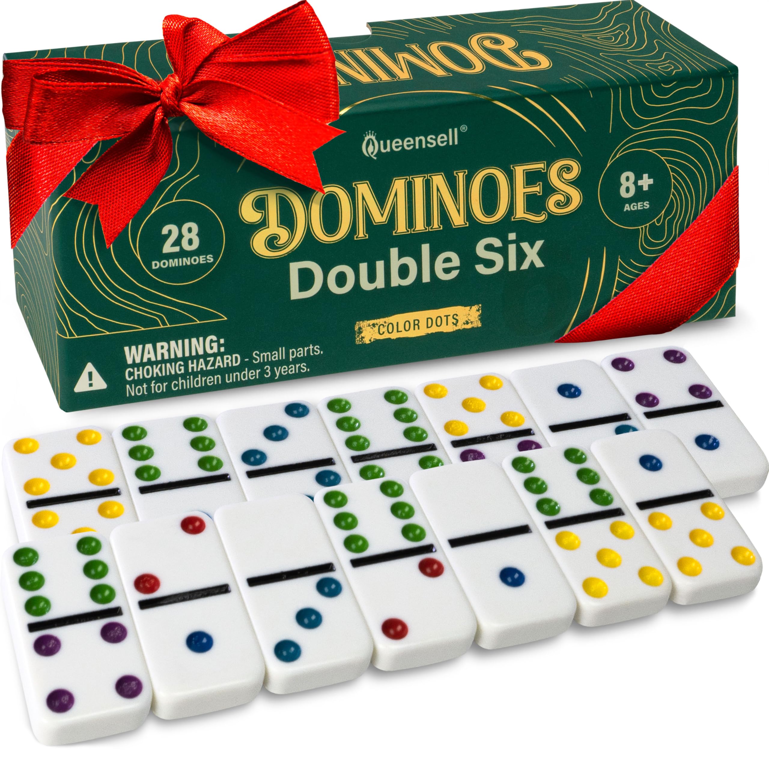 Queensell Large Tiles Dominos Set for Adults and Kids with Colored Dots - Double 6 Dominoes Set is a Classic Board Games for Kids and Adults - Double Six Standard Dominos Set 28 Tiles