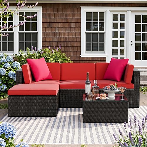 Devoko 5 Pieces Patio Furniture Sets All Weathevr Outdoor Sectional Patio Sofa Manual Weaving Wicker Rattan Patio Seating Sofas with Cushion and Glass Table (Red)