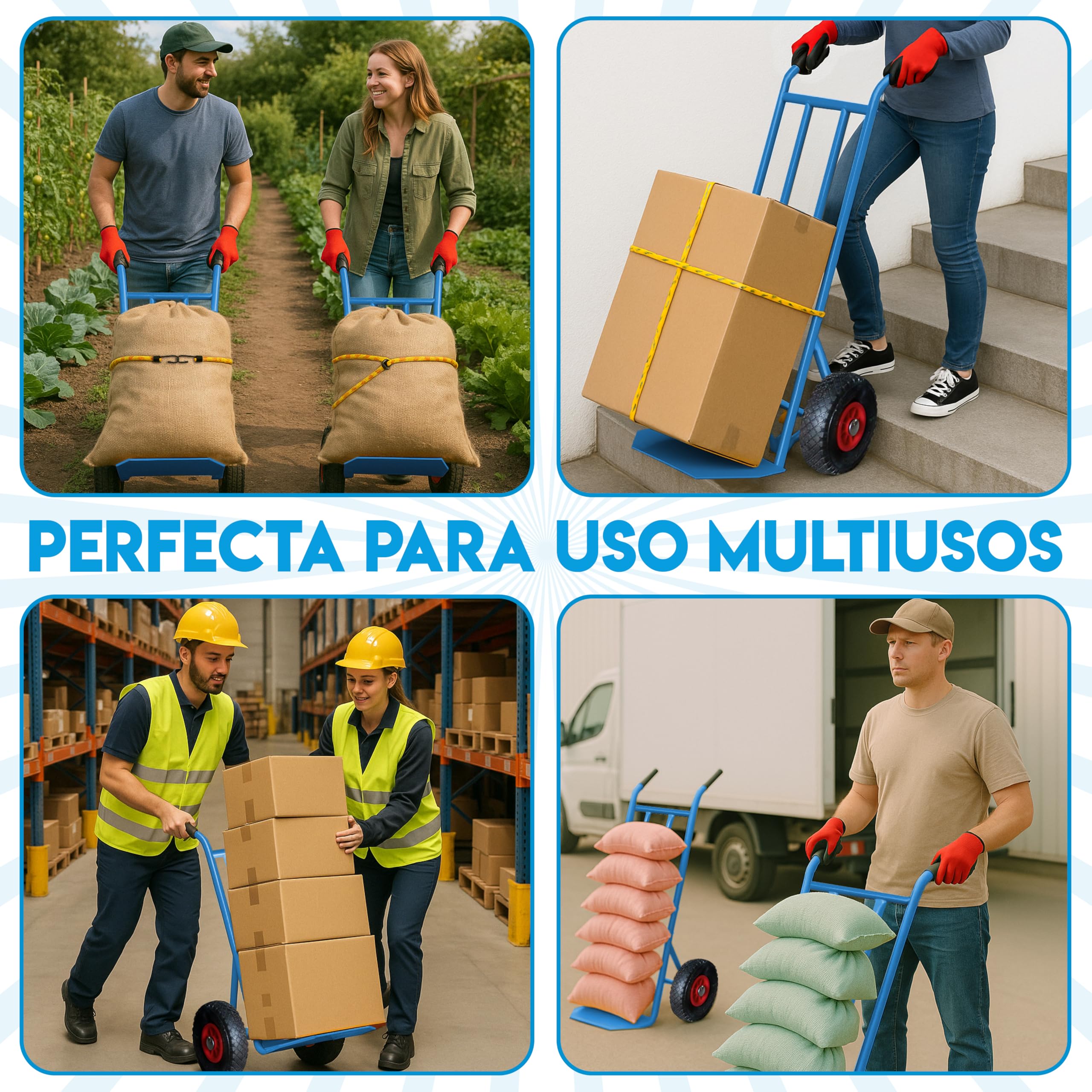 Carretilla de Mano 350 kg Industrial con Estructura de Acero y Ruedas reforzadas neumaticos hinchables Carro de Carga Cajas almacen Muebles Jardin y Obras Carrillo de Seguridad Azul metalico