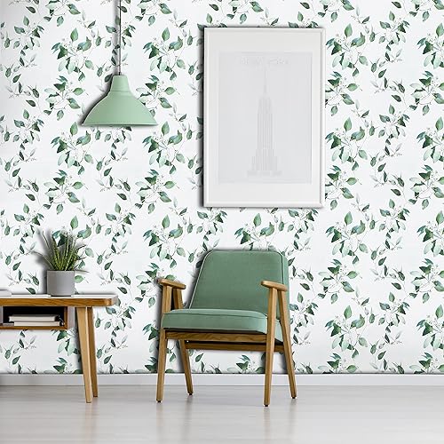 Papel tapiz autoadhesivo y removible de 17.7 x 236 pulgadas, papel de contacto de hojas verdes y blancas, papel tapiz floral bohemio autoadhesivo