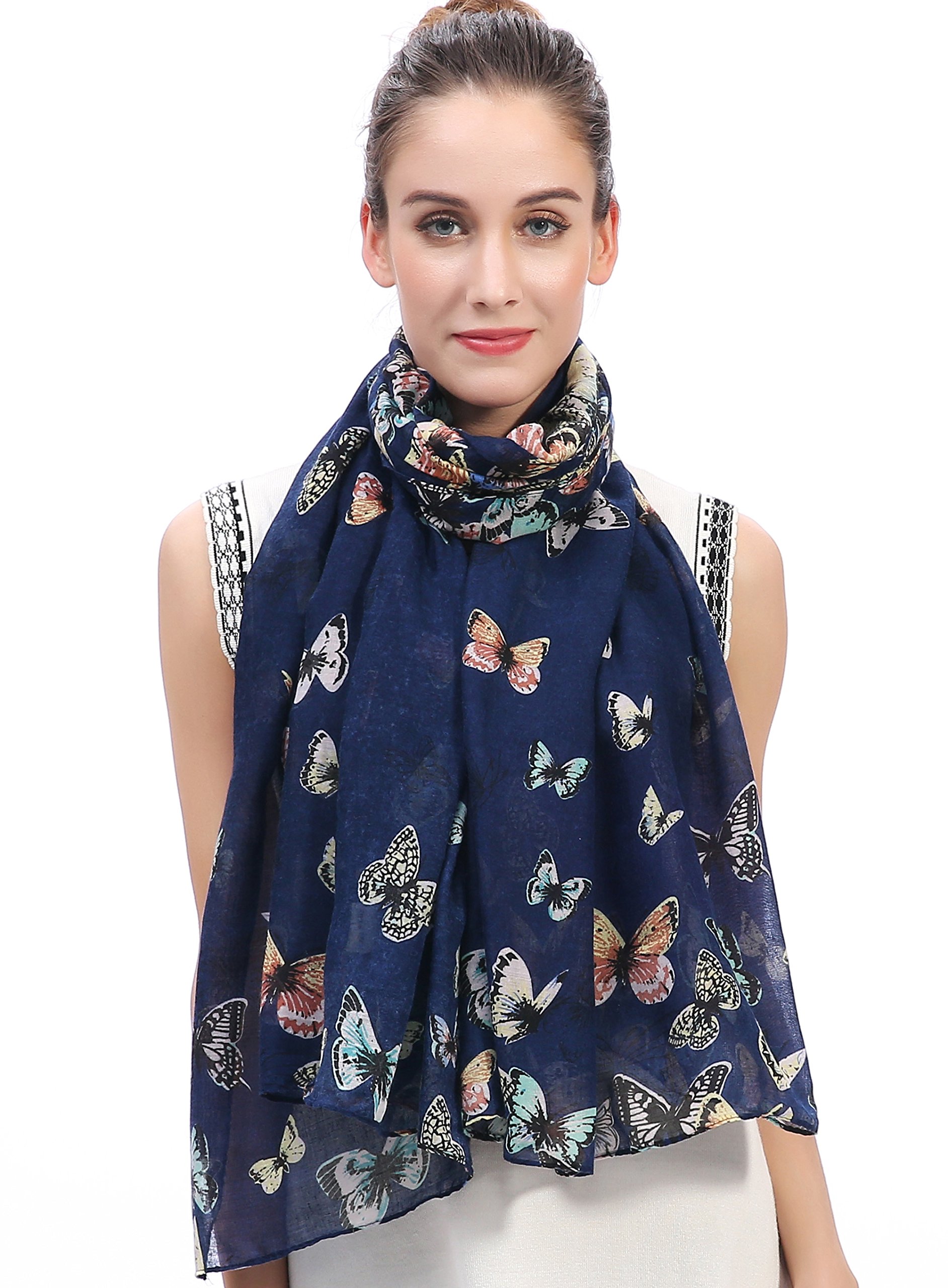 Lina & Lily Women's Navy Blue Butterfly Print Scarf Shawl Wrap Lightweight (Navy Blue)