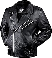 HWK Brando Men's Genuine Black Leather Motorcycle Jacket with Removable CE Armor - All-Season Biker Protection
