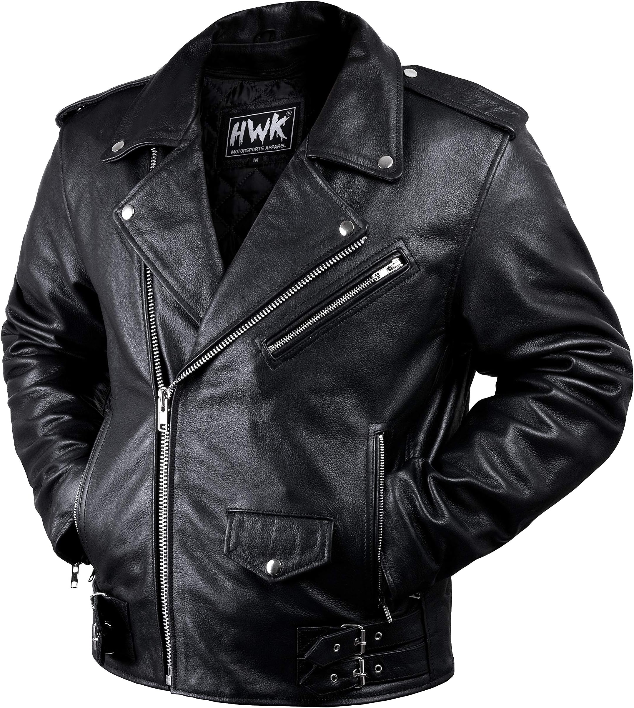 HWK Brando Leather Motorcycle Jacket for Men, Genuine Black Leather Jacket with Removable CE Armor for Motorbike Riding