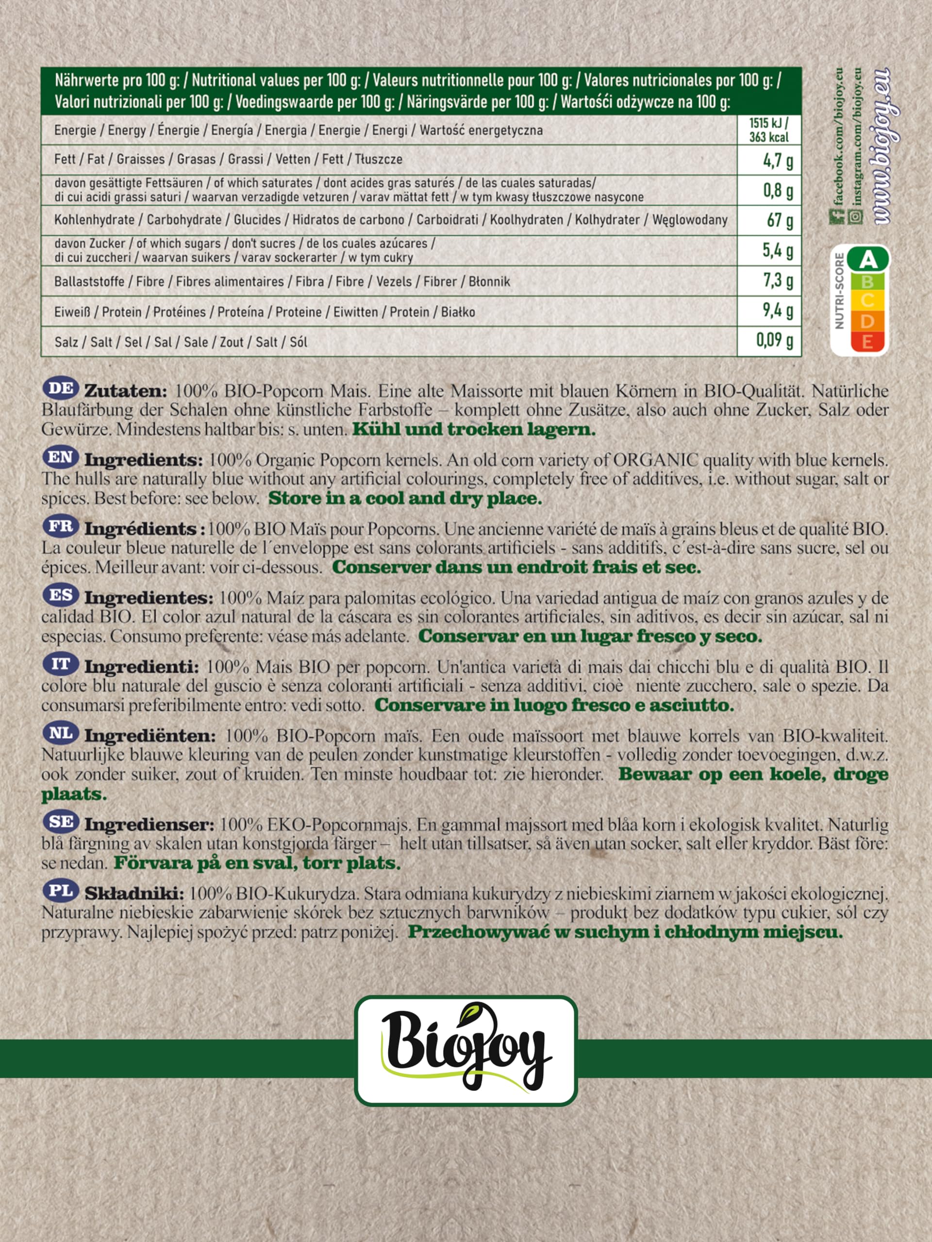 Biojoy Mais per Pop-Corn Biologico Blue Diamond (2 kg), Crudo e Intero, Senza Additivi