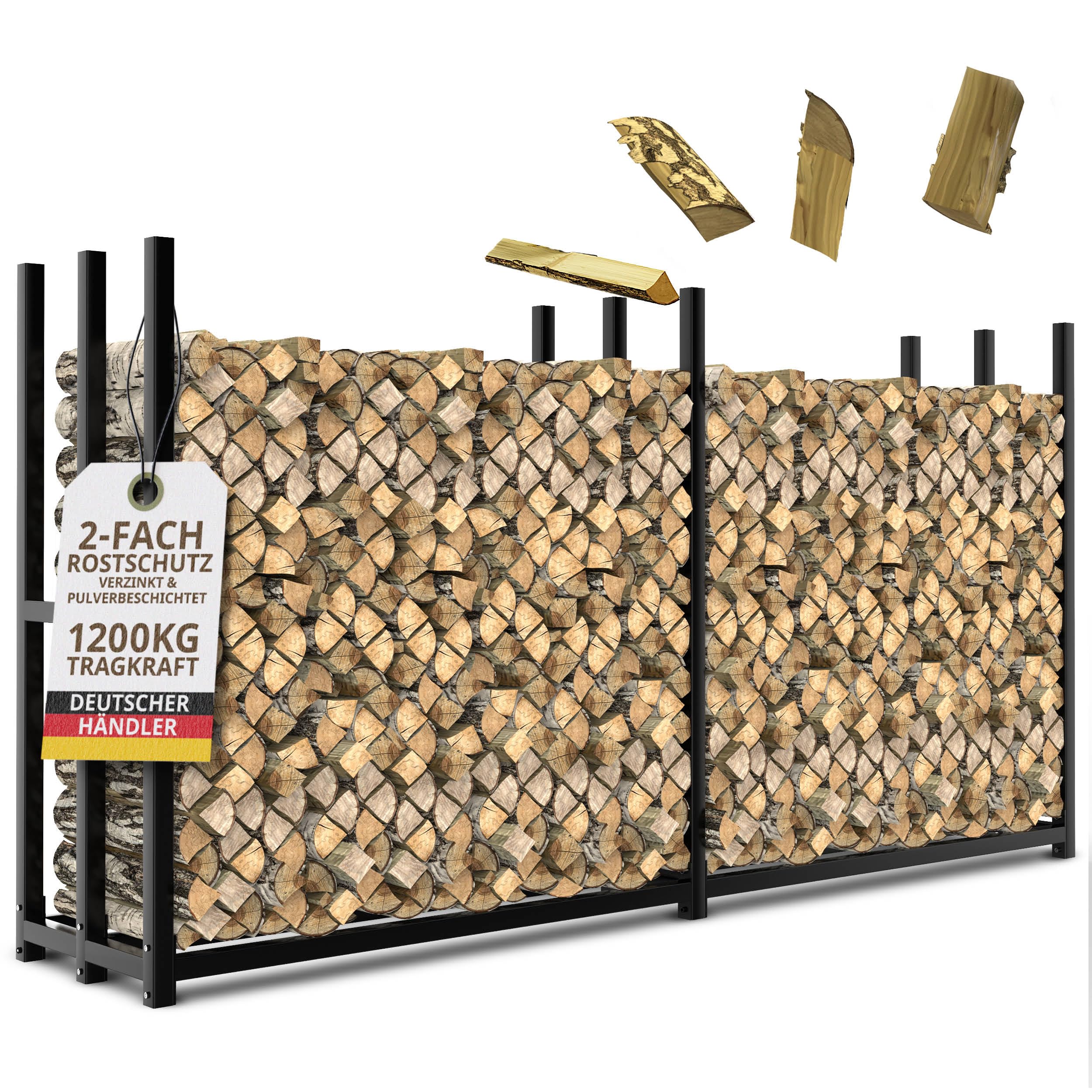 LAWA Kaminholzregal Metall verzinkt 223x50x115 cm schwarz | aussen, 61cm Abdeckplane, wetterfest, Feuerholzregal Garten, Stapelhilfe für Brennholz mit Abdeckung, 25cm I 30cm Holzscheite