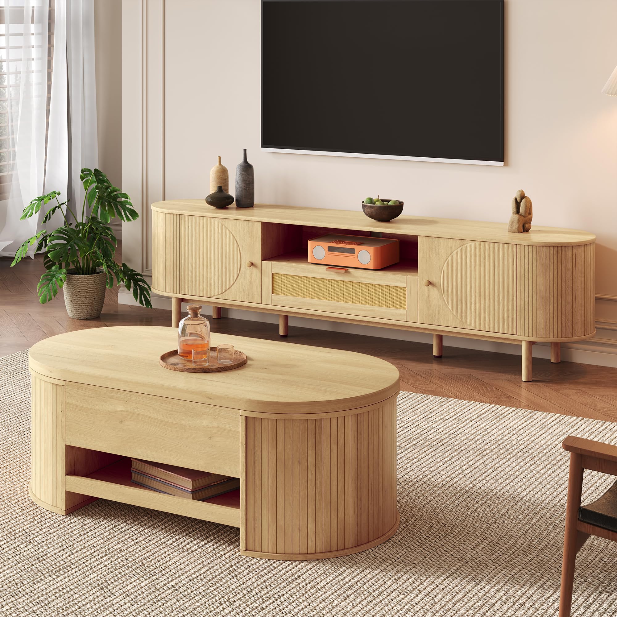 Set de muebles de salón Rosebibi con mesa de centro ajustable en altura y mueble para TV – diseño moderno, espacio de almacenamiento, bordes redondeados – armonía perfecta (mesa de centro+mueble para