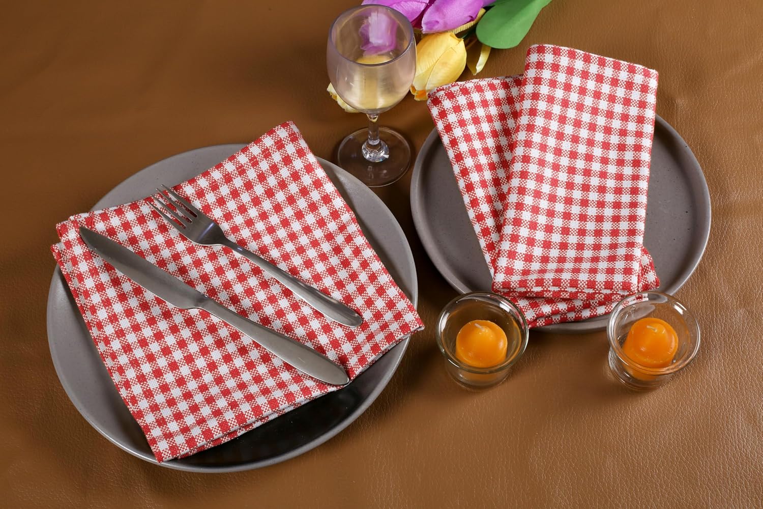 Native Fab Set of 4 Gingham Mini Check Cloth Dinner Napkins 100% Cotton 16x16 inches Soft Comfortable Absorbent Restaurant Hotel Quality - Easy Care Washable Wedding Daily Everyday Use - Red White image 3
