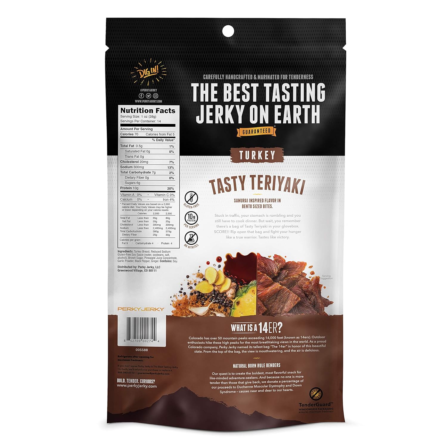 Perky Jerky Tasty Teriyaki Turkey Jerky, 14oz - Low Sodium - 10g Protein per Serving - Low Fat - 100% U.S. Sourced - Tender Texture and Bold Flavor