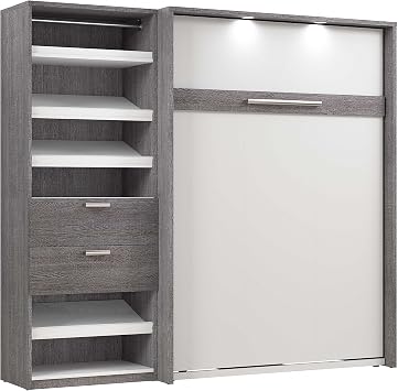 Bestar Full Murphy Bed with Closet Organizer, Bark Grey & White, Cielo, 89W | Closet Organizer; dual piston mechanism; for guest room or multipurpose space;