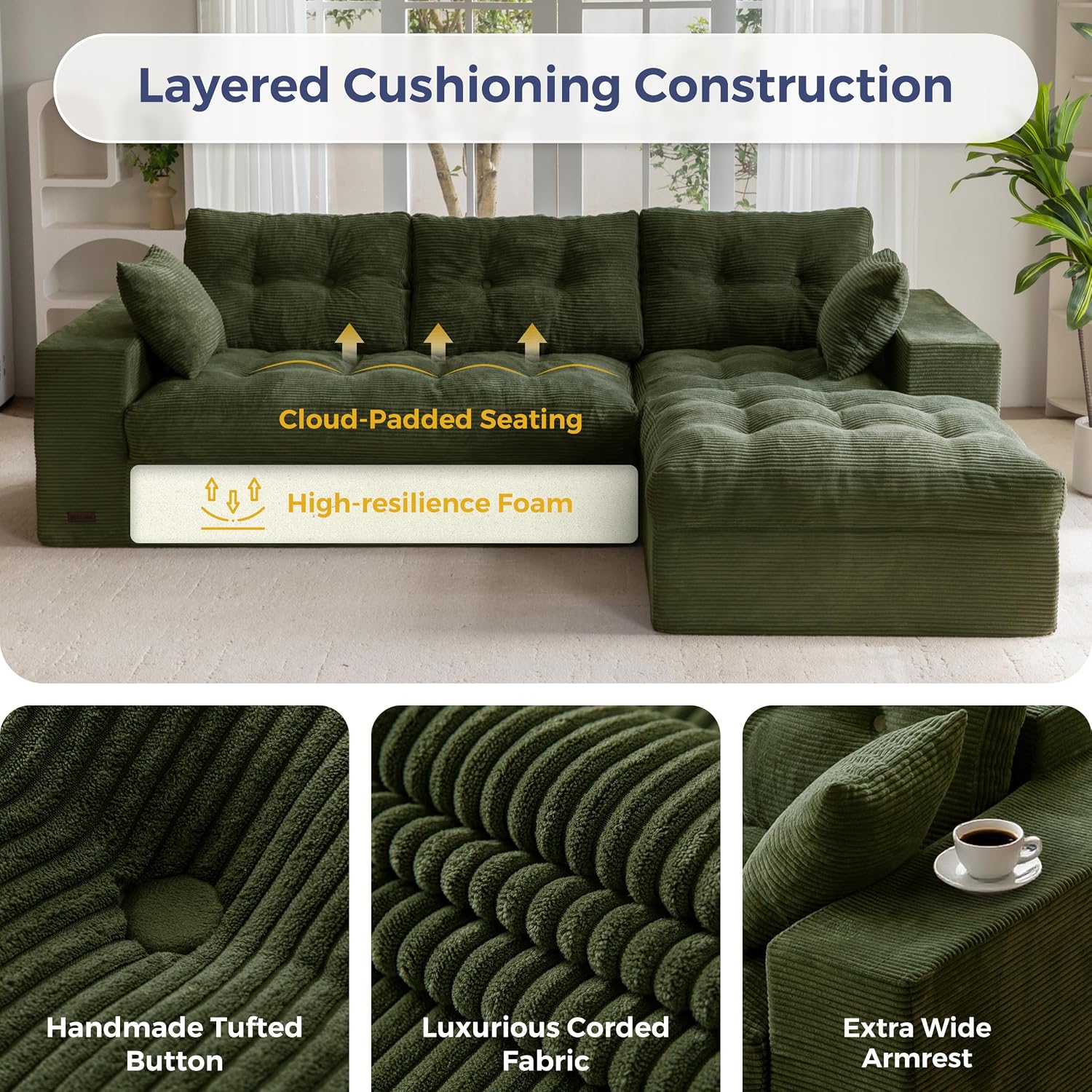 MAXYOYO 104" L-Shaped Modular Sectional Sofa Dark Green