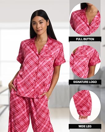 bebe Women's Silky Satin Pajama Set, Button Down Short Sleeve Sleepwear